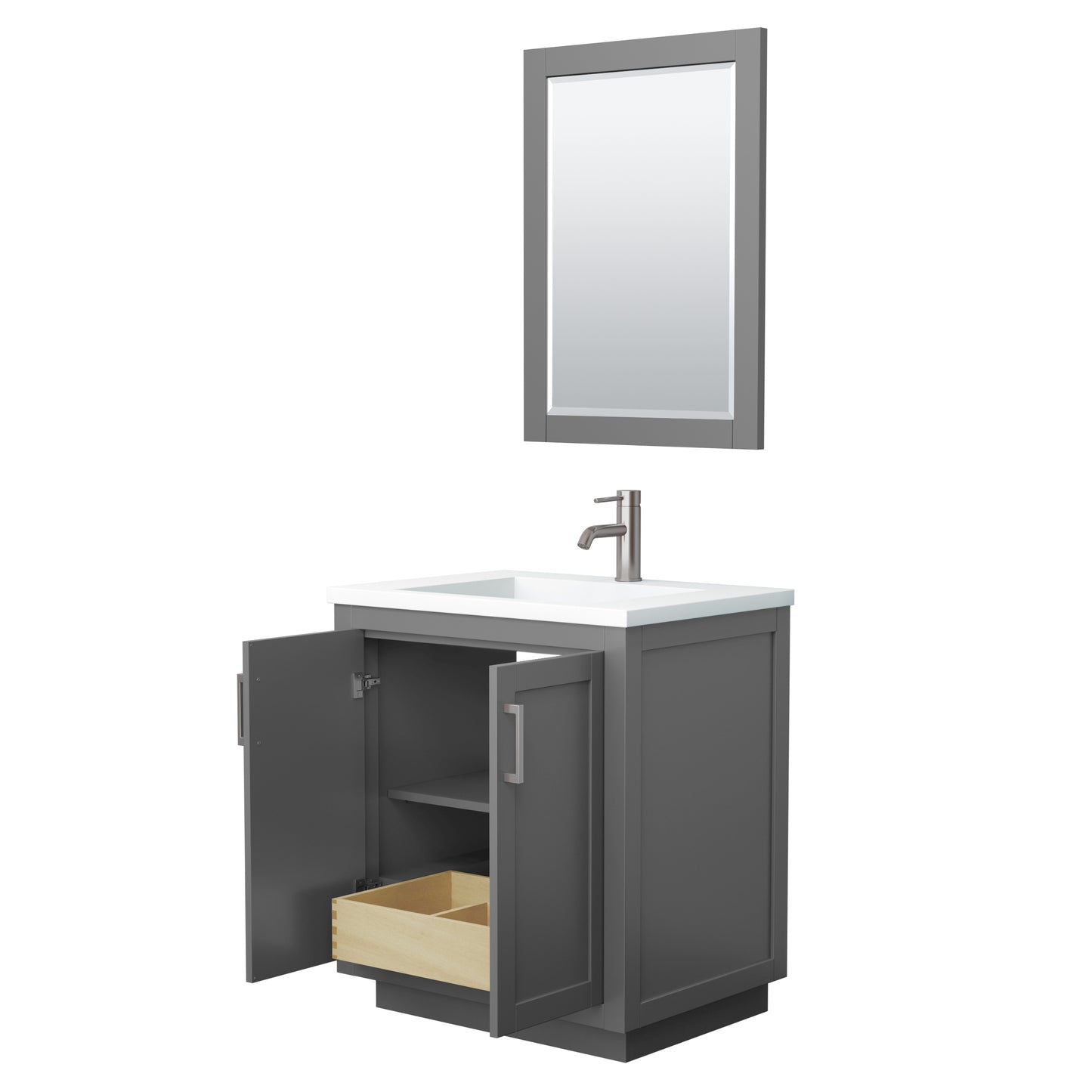 Miranda 30" Dark Gray Single Vanity, 1.25" White Top, Nickel Trim, 24" Mirror
