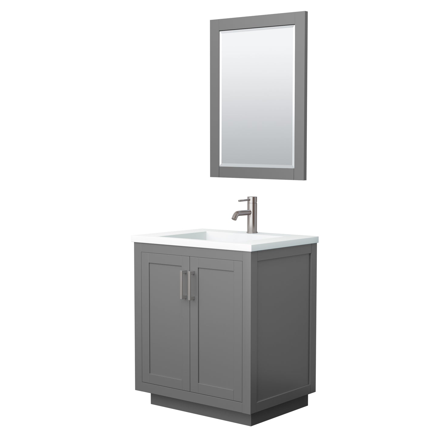 Miranda 30" Dark Gray Single Vanity, 1.25" White Top, Nickel Trim, 24" Mirror