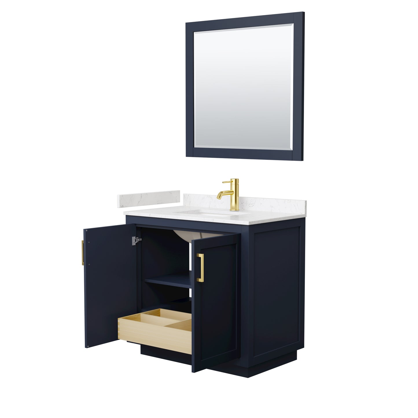 Miranda 36" Dark Blue Single Vanity, Carrara Marble Top, Gold Trim, 34" Mirror