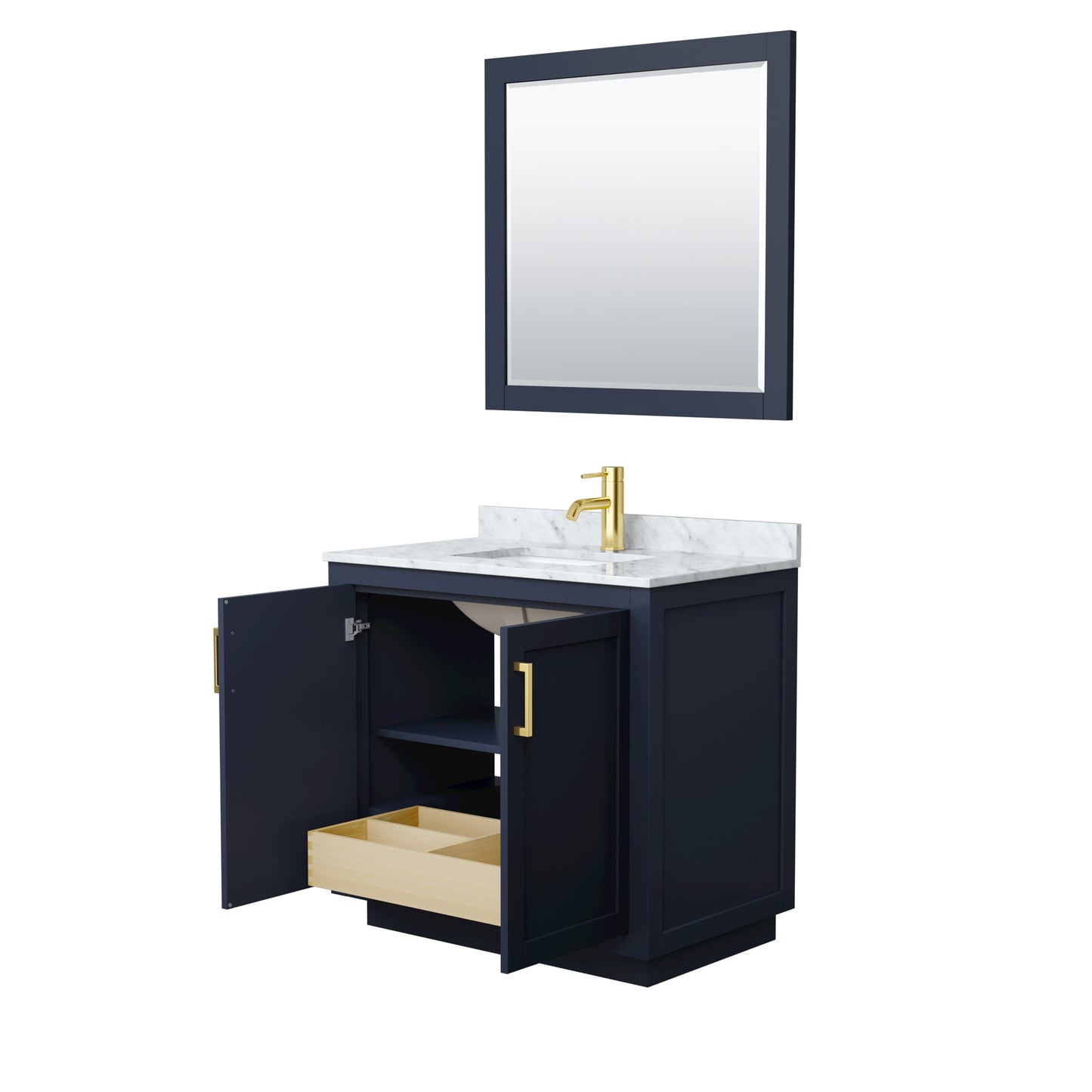 Miranda 36" Single Vanity in Dark Blue, Top, Gold Trim, 34" Mirror
