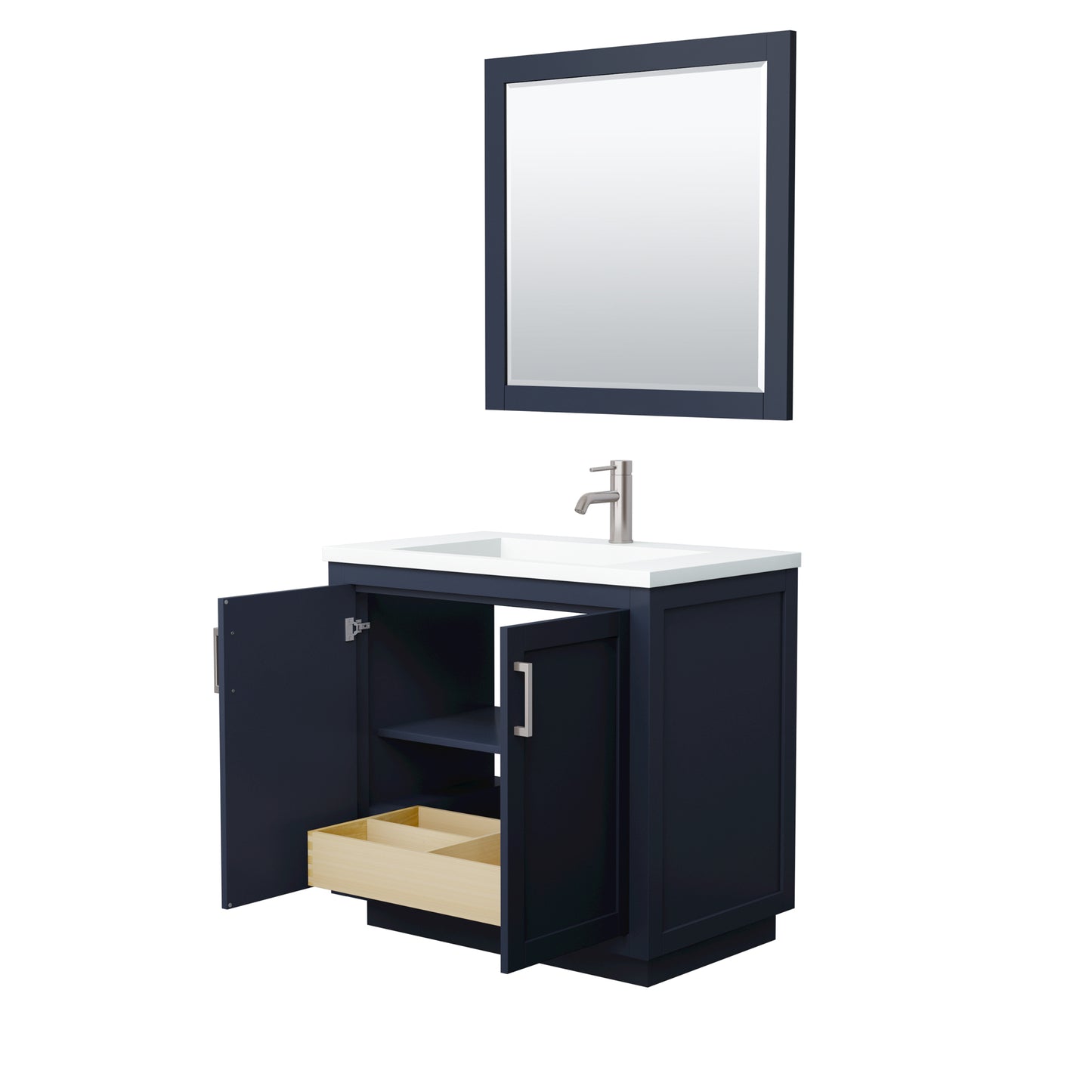 Miranda 36" Dark Blue Single Vanity, 1.25" White Top, Trim, 34" Mirror
