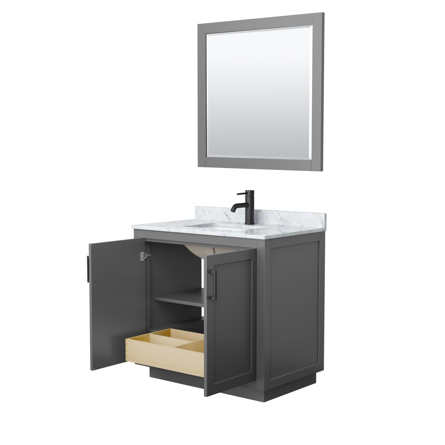 Miranda 36" Single Vanity in Dark Gray, Top, Square Matte Black Trim, 34" Mirror