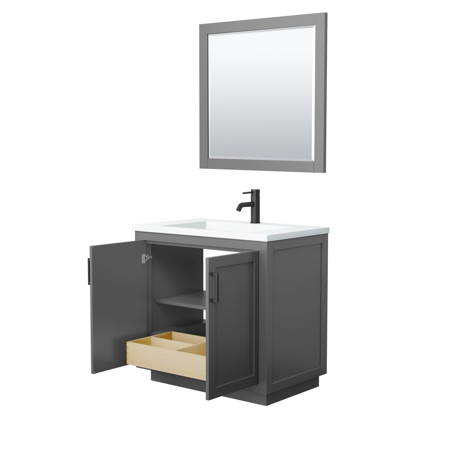 Miranda 36" Dark Gray Single Vanity, 1.25" White Top, Black Trim, 34" Mirror