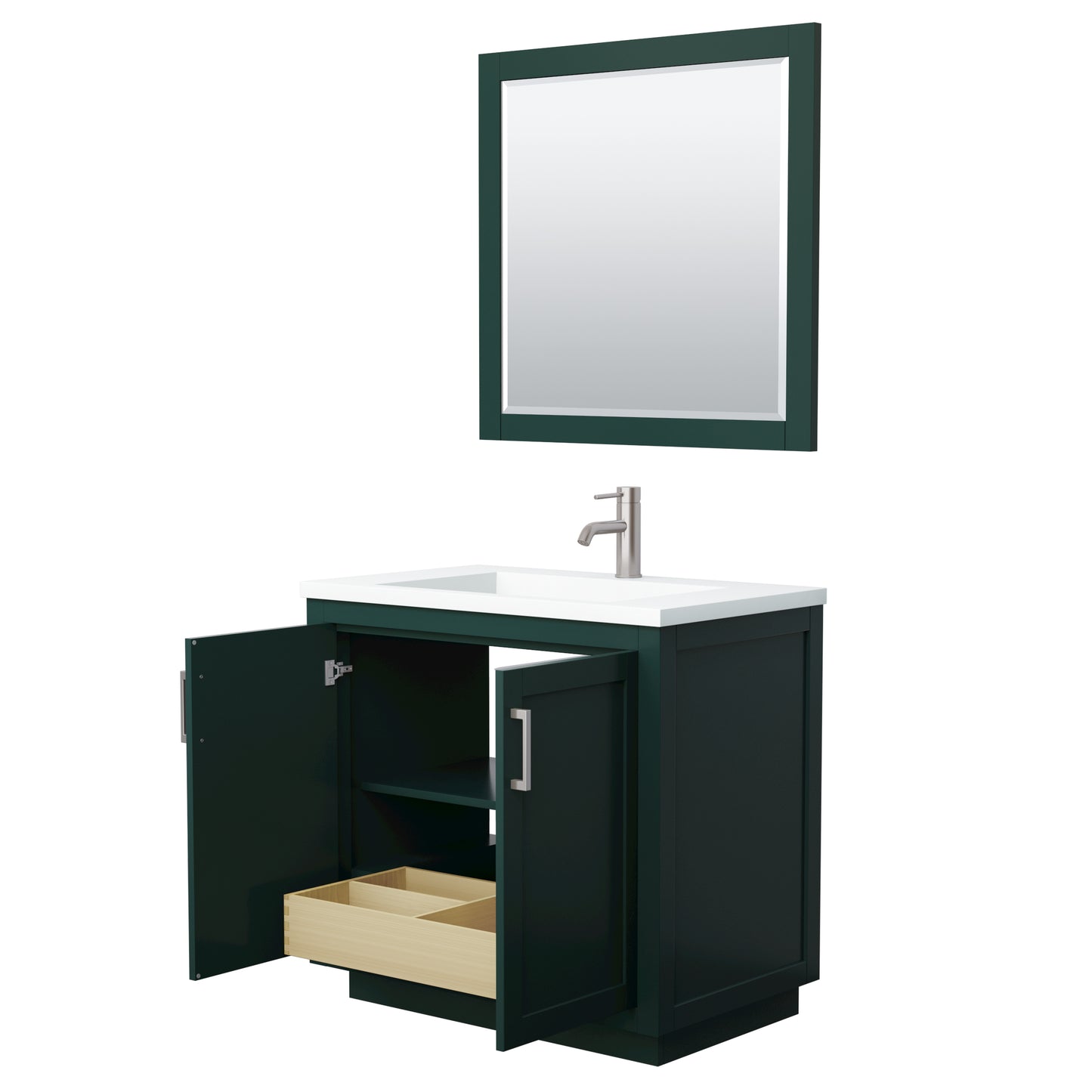 Miranda 36" Single Vanity in Green, 1.25" White Top, Nickel Trim, 34" Mirror