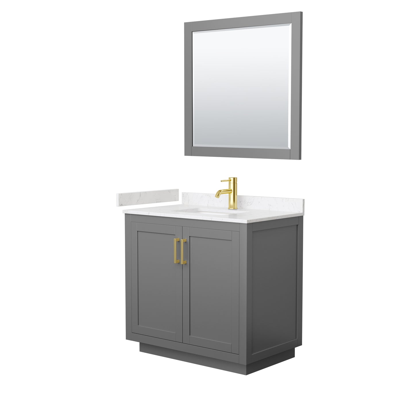 Miranda 36" Dark Gray Single Vanity, Carrara Marble Top, Gold Trim, 34" Mirror
