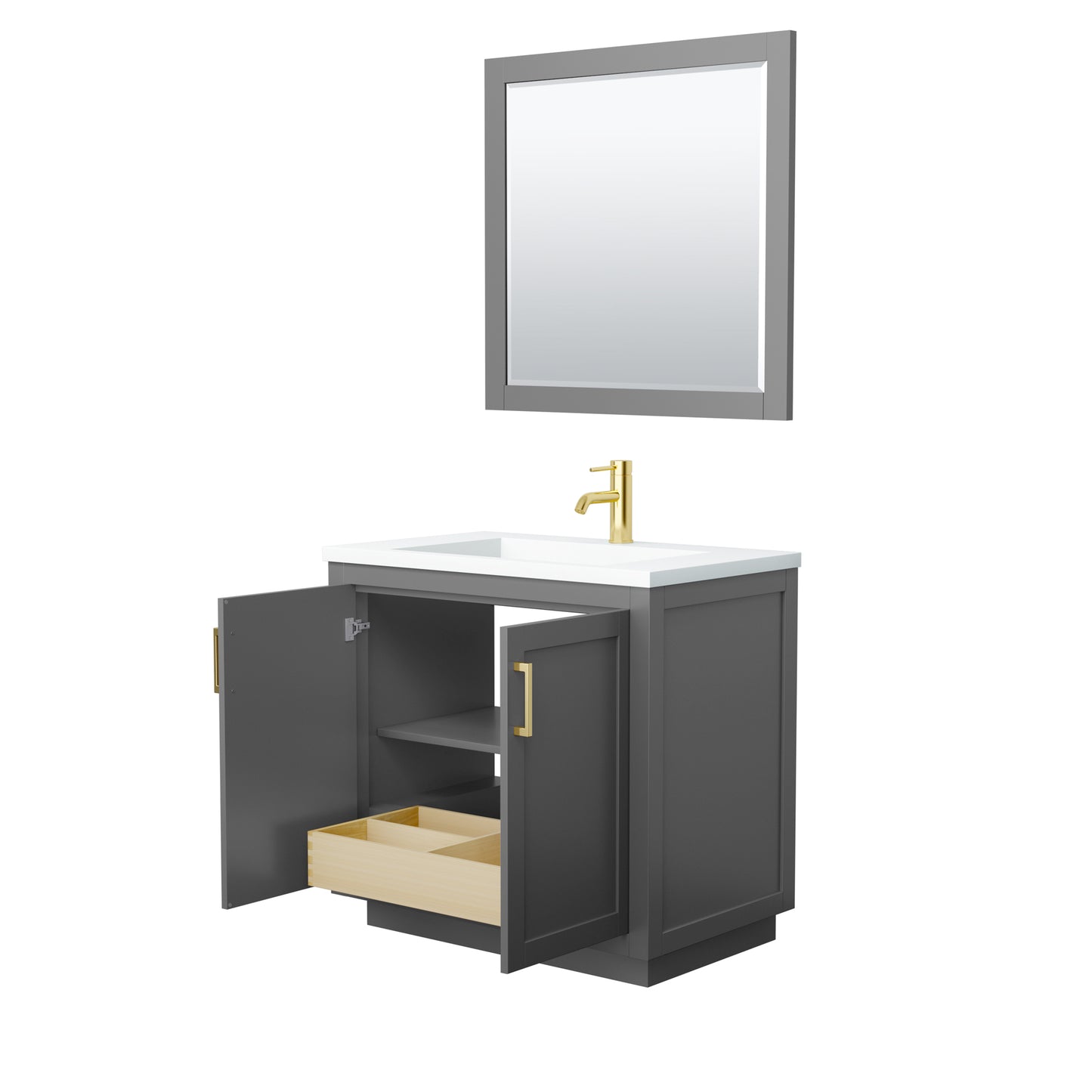Miranda 36" Dark Gray Single Vanity, 1.25" White Top, Gold Trim, 34" Mirror