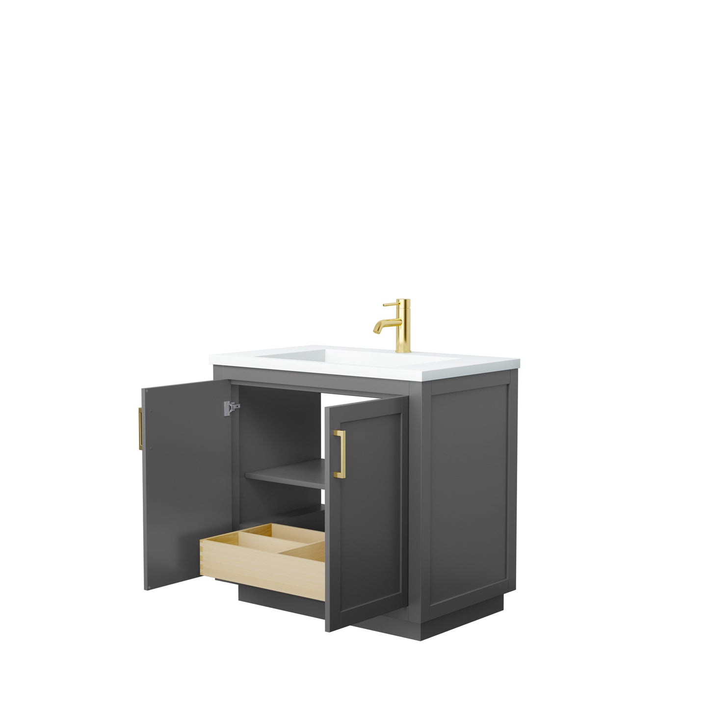 Miranda 36" Dark Gray Single Vanity, 1.25" White Top, Integrated Gold Trim