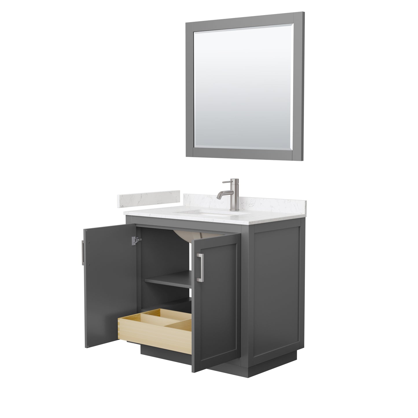 Miranda 36" Dark Gray Single Vanity, Carrara Marble Top, Nickel Trim, 34" Mirror