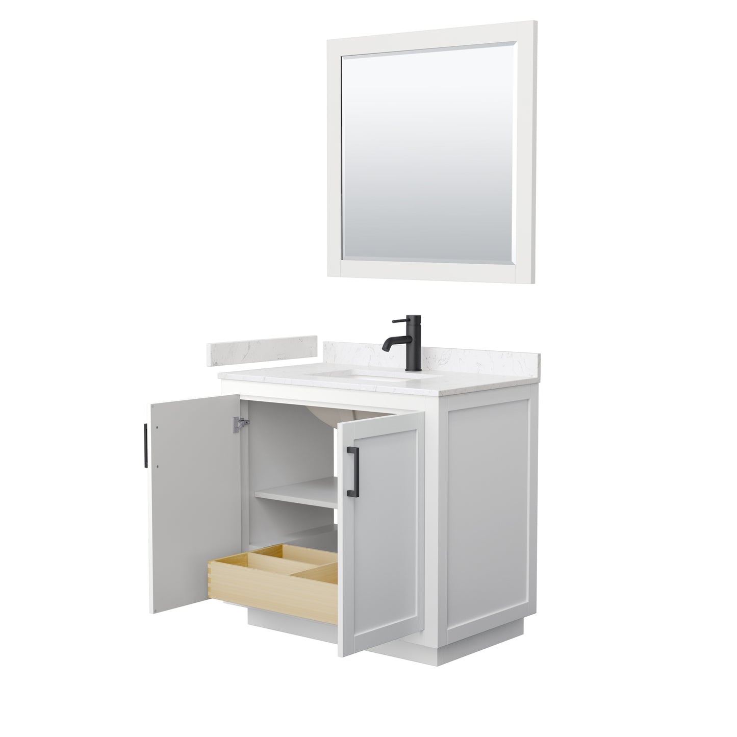 Miranda 36" Single Vanity in White, Carrara Marble Top, Black Trim, 34" Mirror
