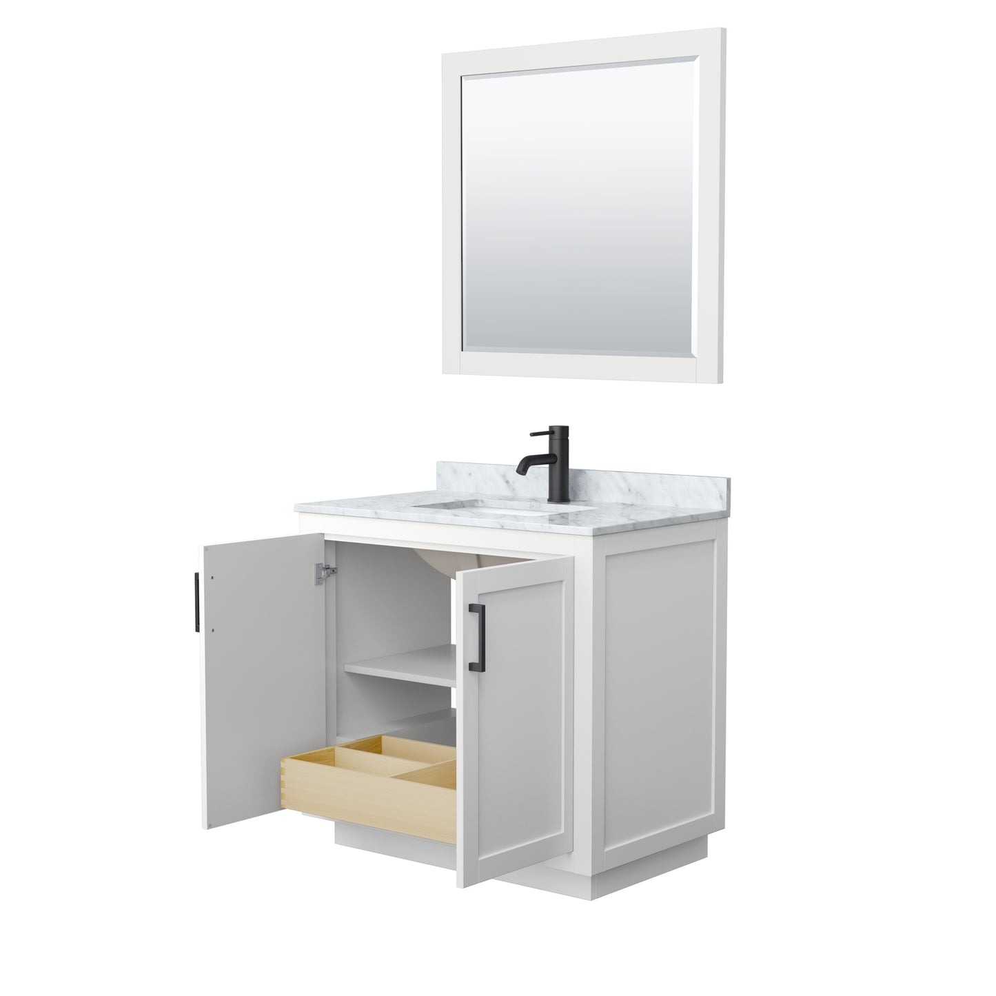 Miranda 36" Single Vanity in White, Top, Square Matte Black Trim, 34" Mirror