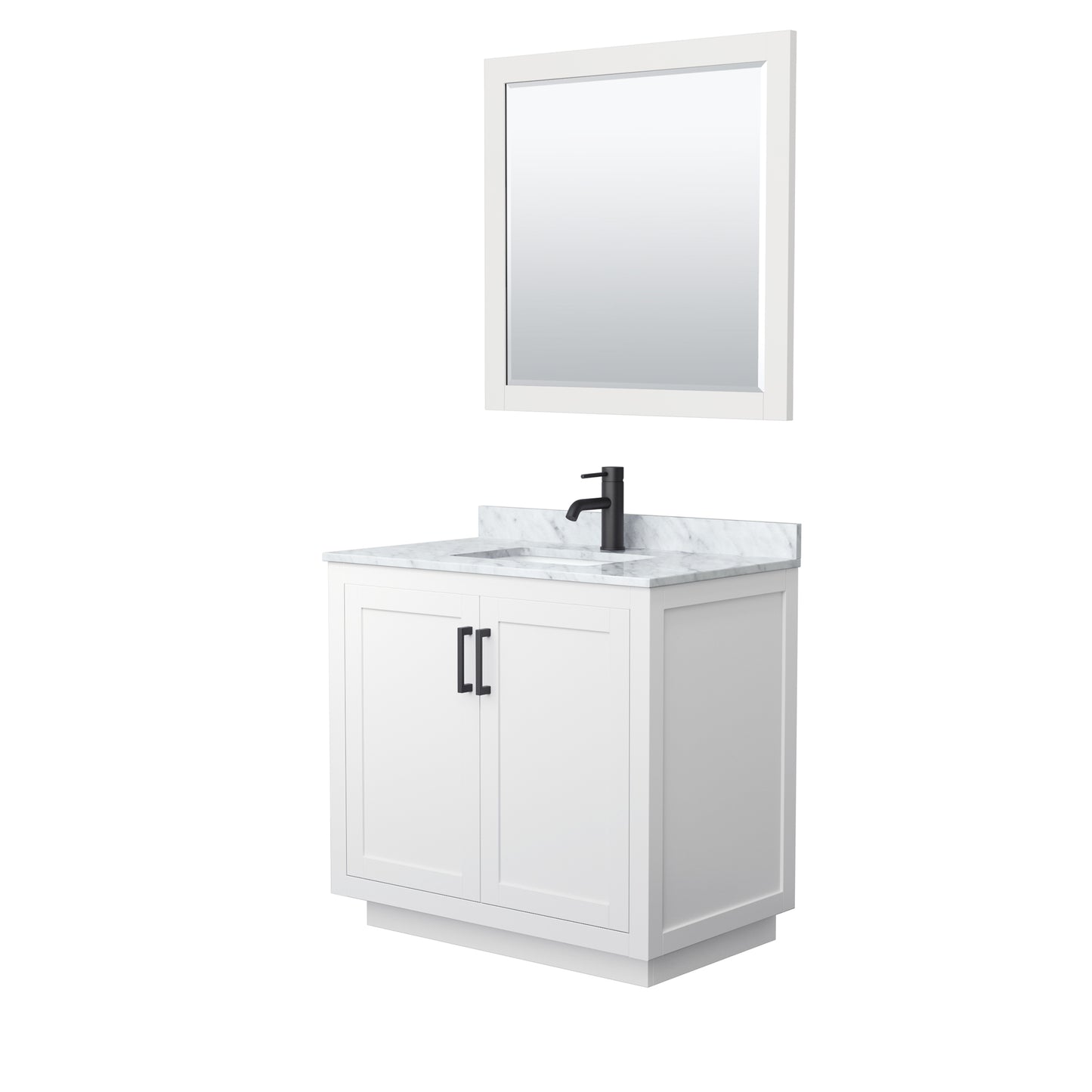 Miranda 36" Single Vanity in White, Top, Square Matte Black Trim, 34" Mirror