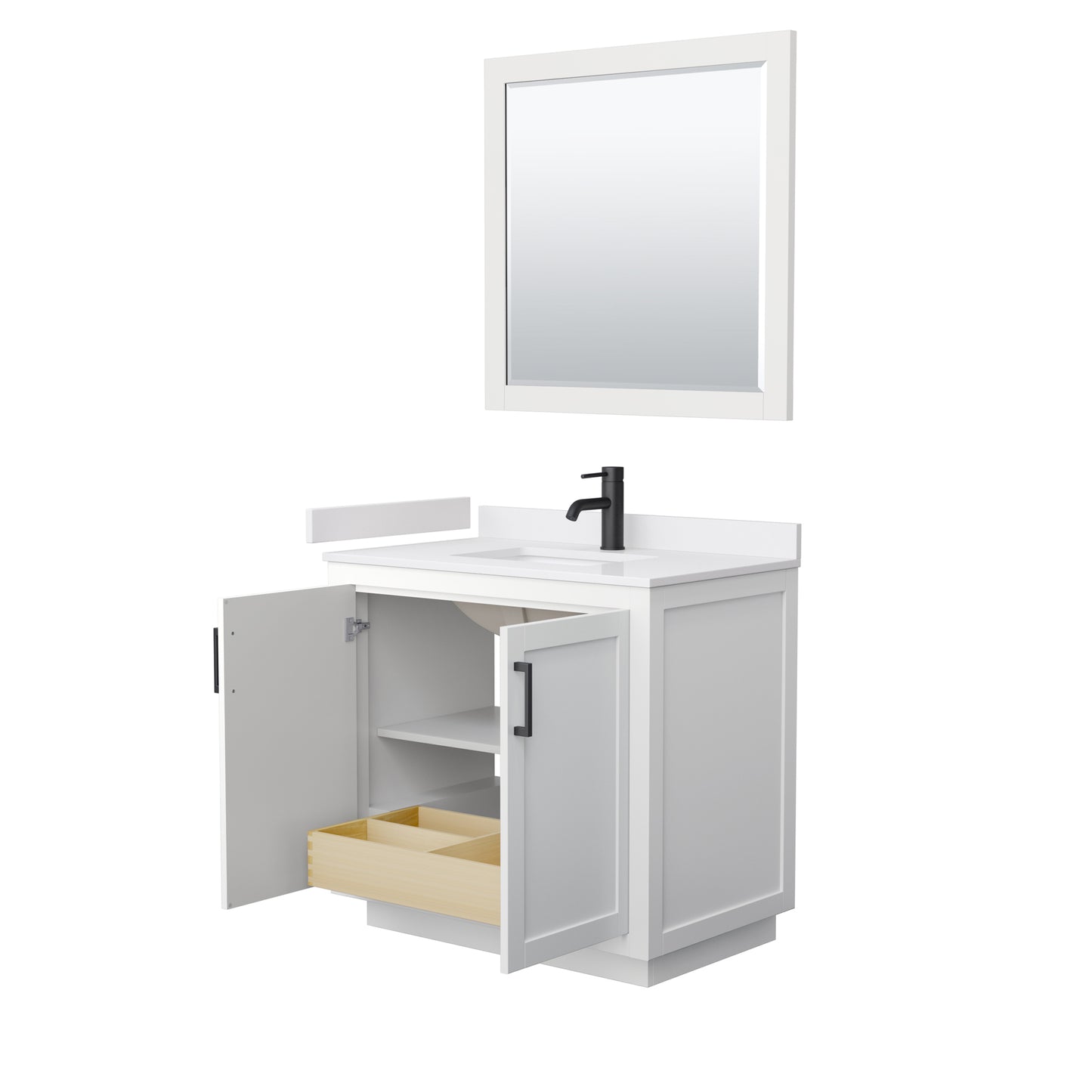 Miranda 36" Single Vanity in White, White Marble Top, Black Trim, 34" Mirror