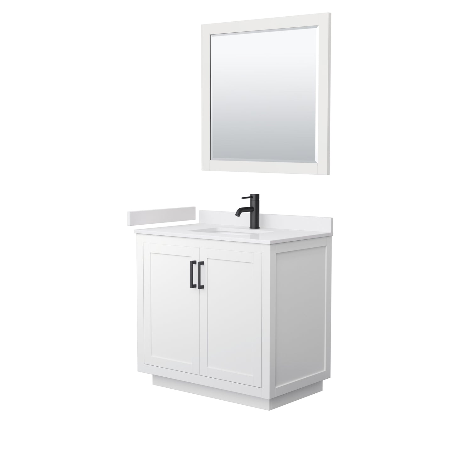 Miranda 36" Single Vanity in White, White Marble Top, Black Trim, 34" Mirror