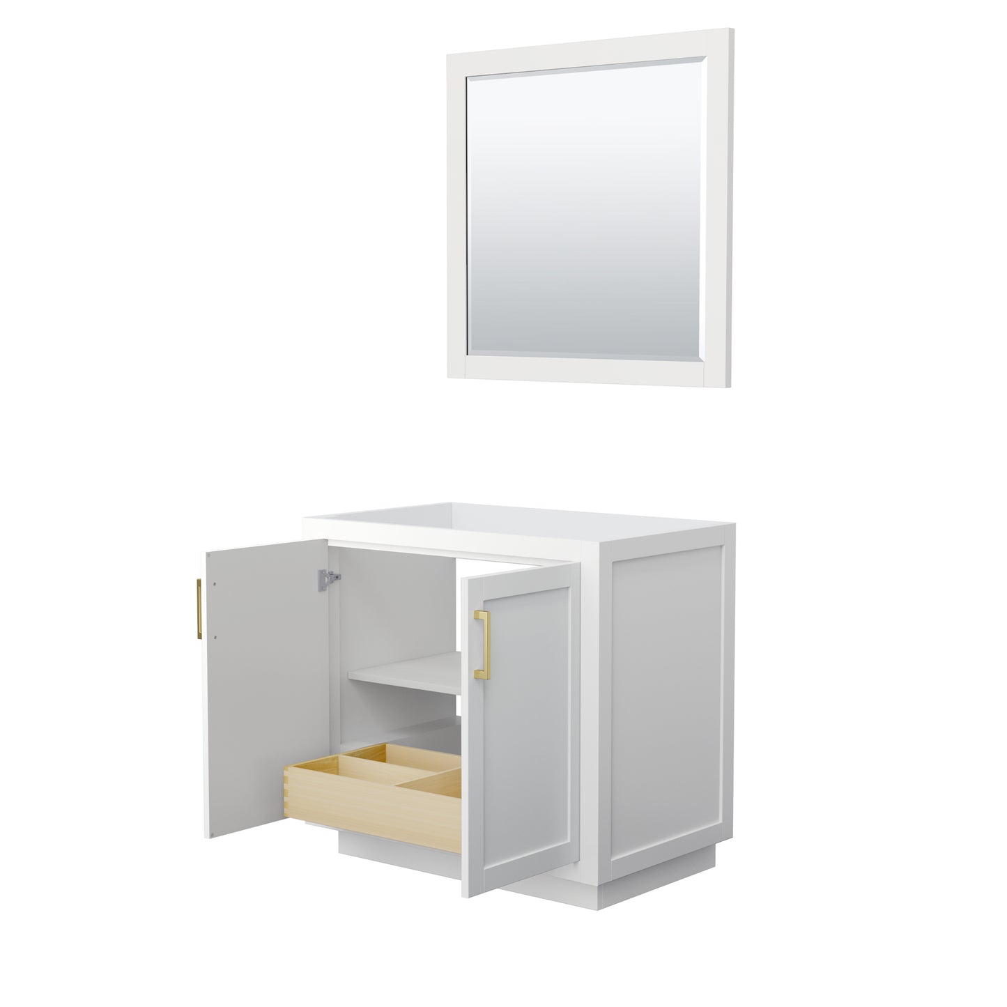 Miranda 36" Single Vanity in White, No Top, Bruished Gold Trim, 34" Mirror