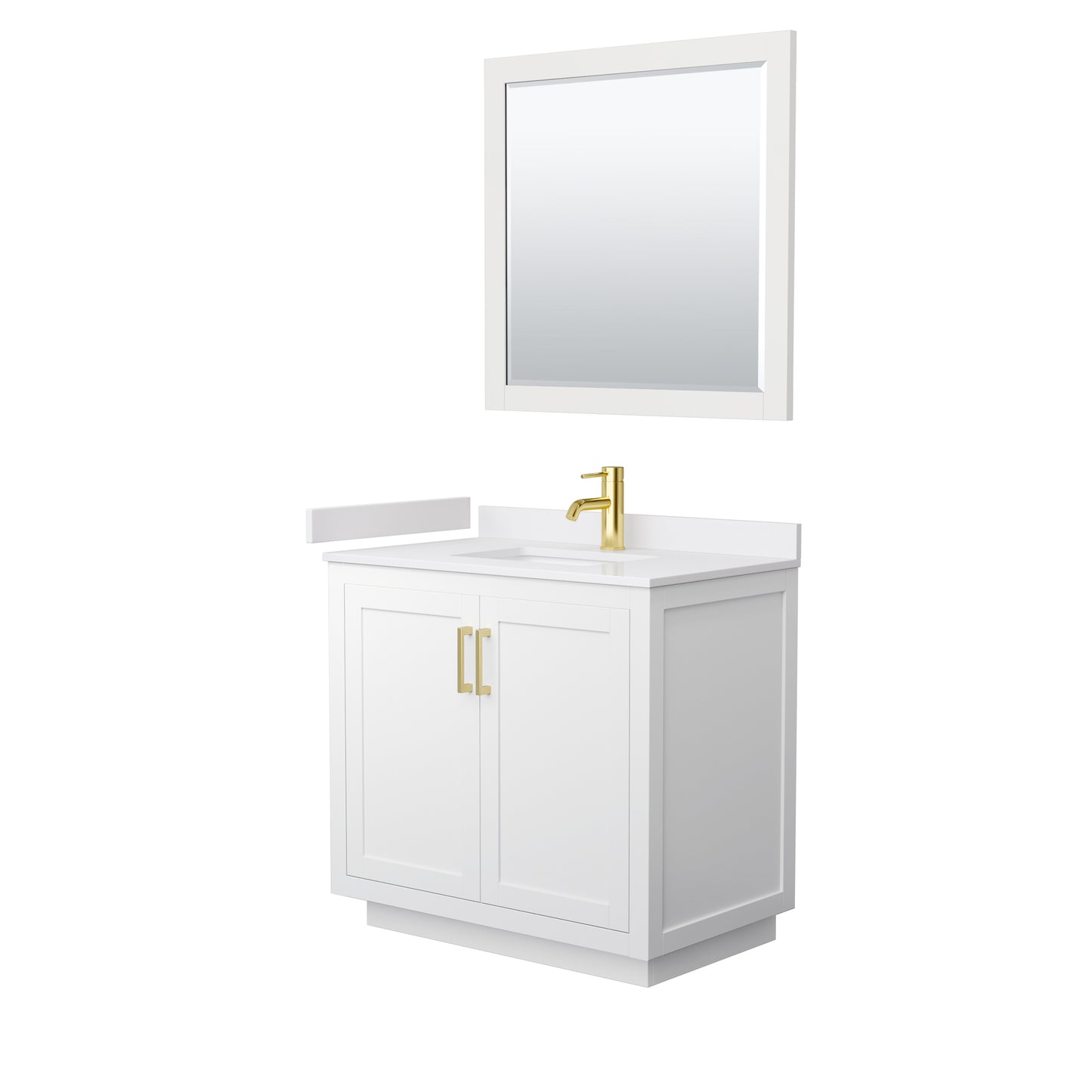 Miranda 36" Single Vanity in White, White Marble Top, Gold Trim, 34" Mirror