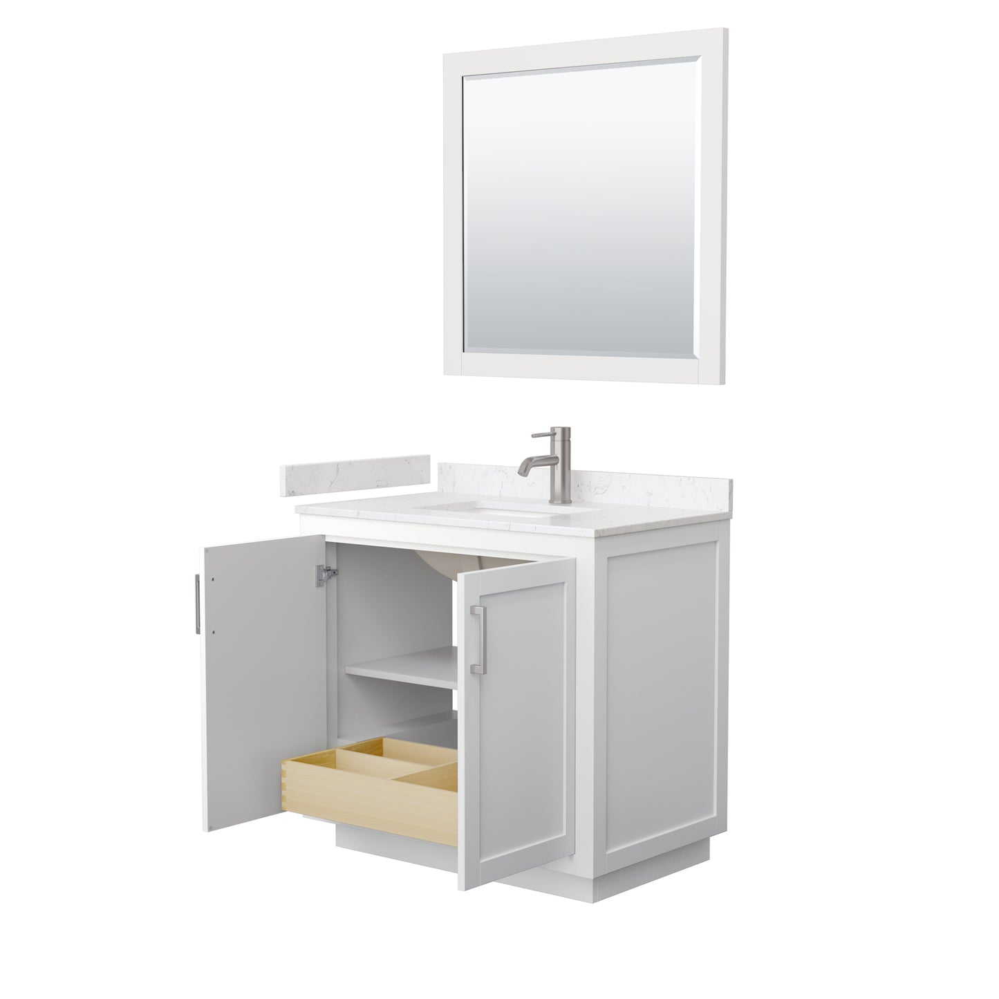 Miranda 36" Single Vanity in White, Carrara Marble Top, Nickel Trim, 34" Mirror