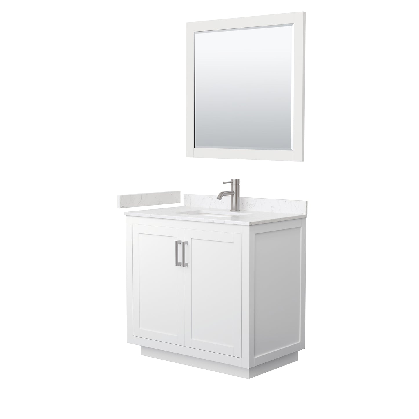 Miranda 36" Single Vanity in White, Carrara Marble Top, Nickel Trim, 34" Mirror