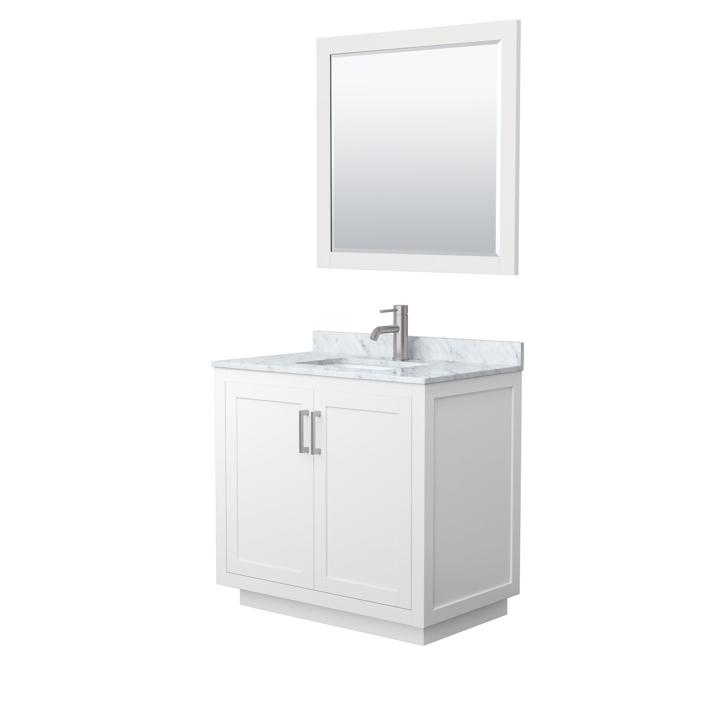 Miranda 36" Single Vanity in White, Top, Square Brushed Nickel Trim, 34" Mirror
