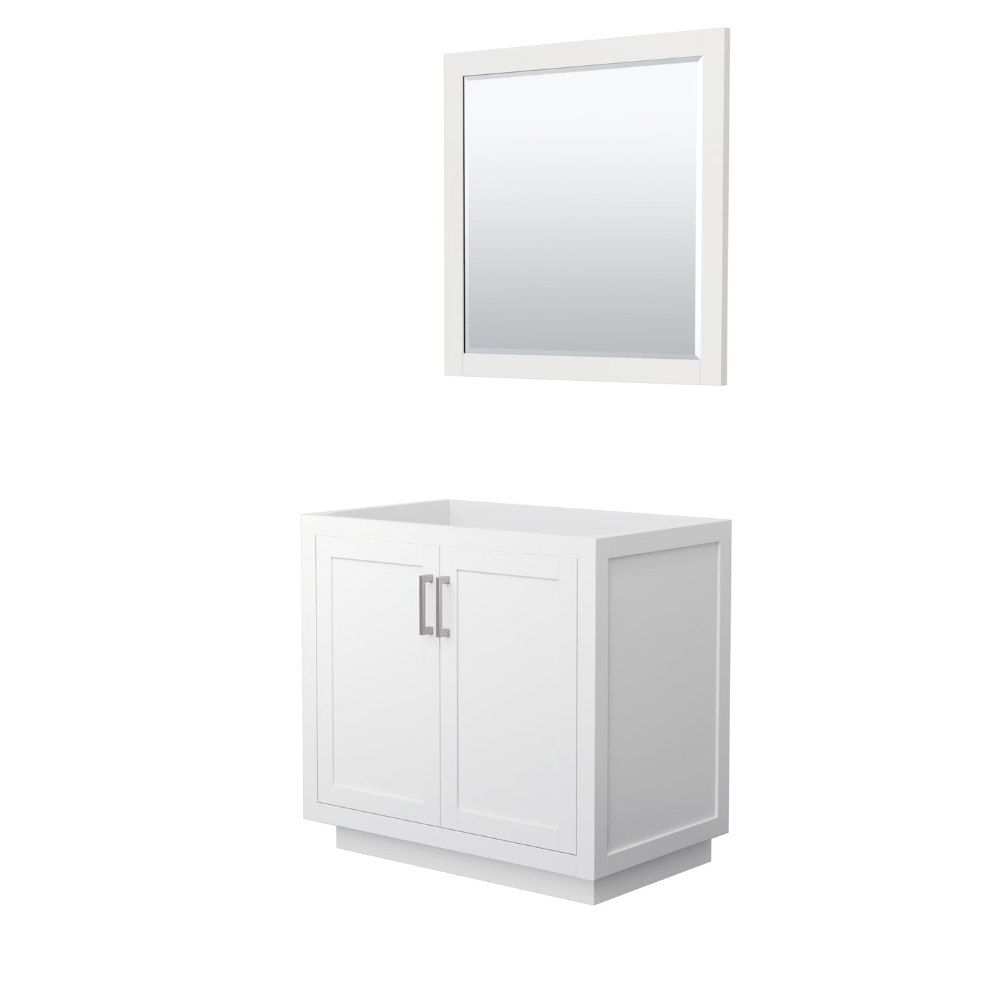 Miranda 36" Single Vanity in White, No Top, Bruished Nickel Trim, 34" Mirror