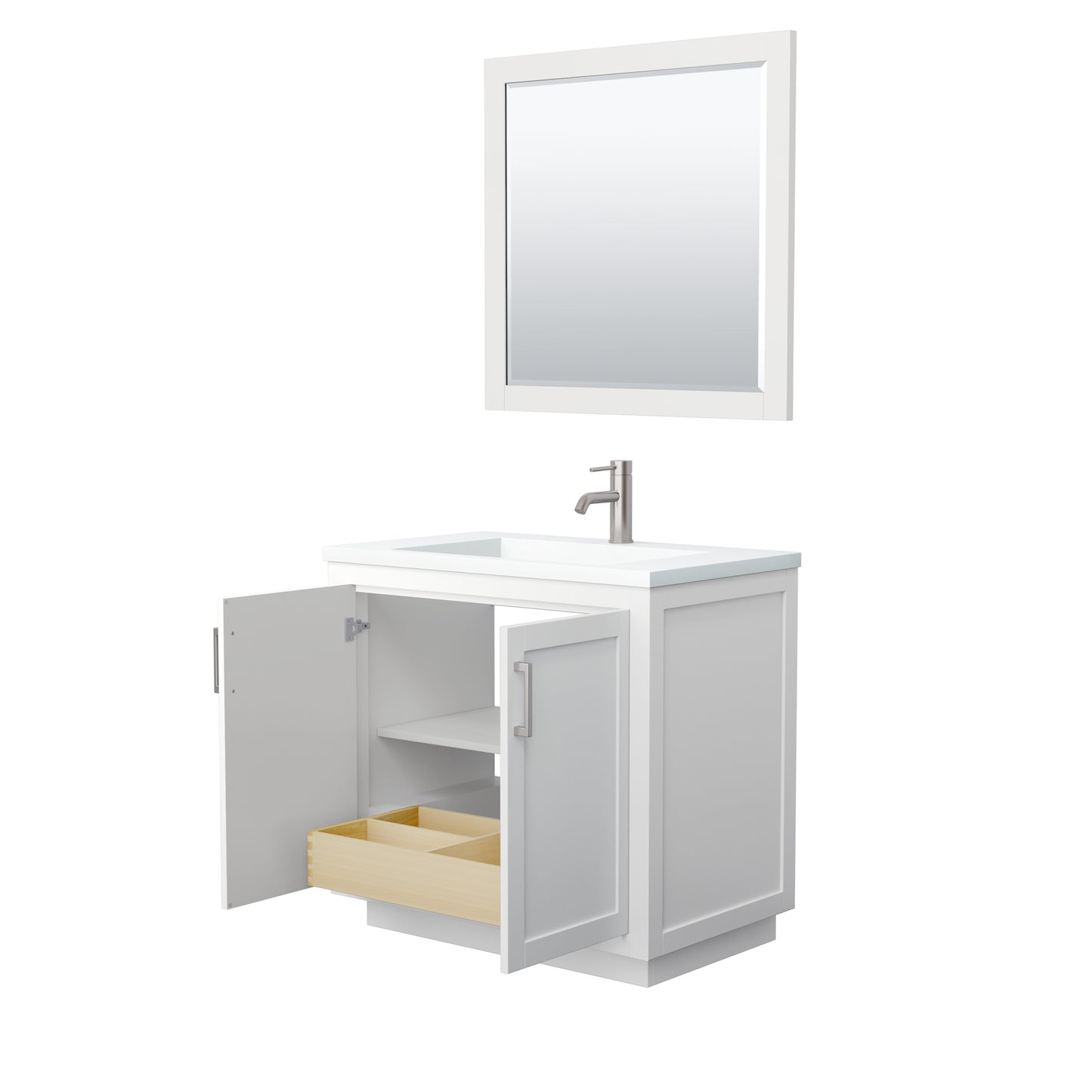 Miranda 36" White Single Vanity, 1.25" White Top, Nickel Trim, 34" Mirror