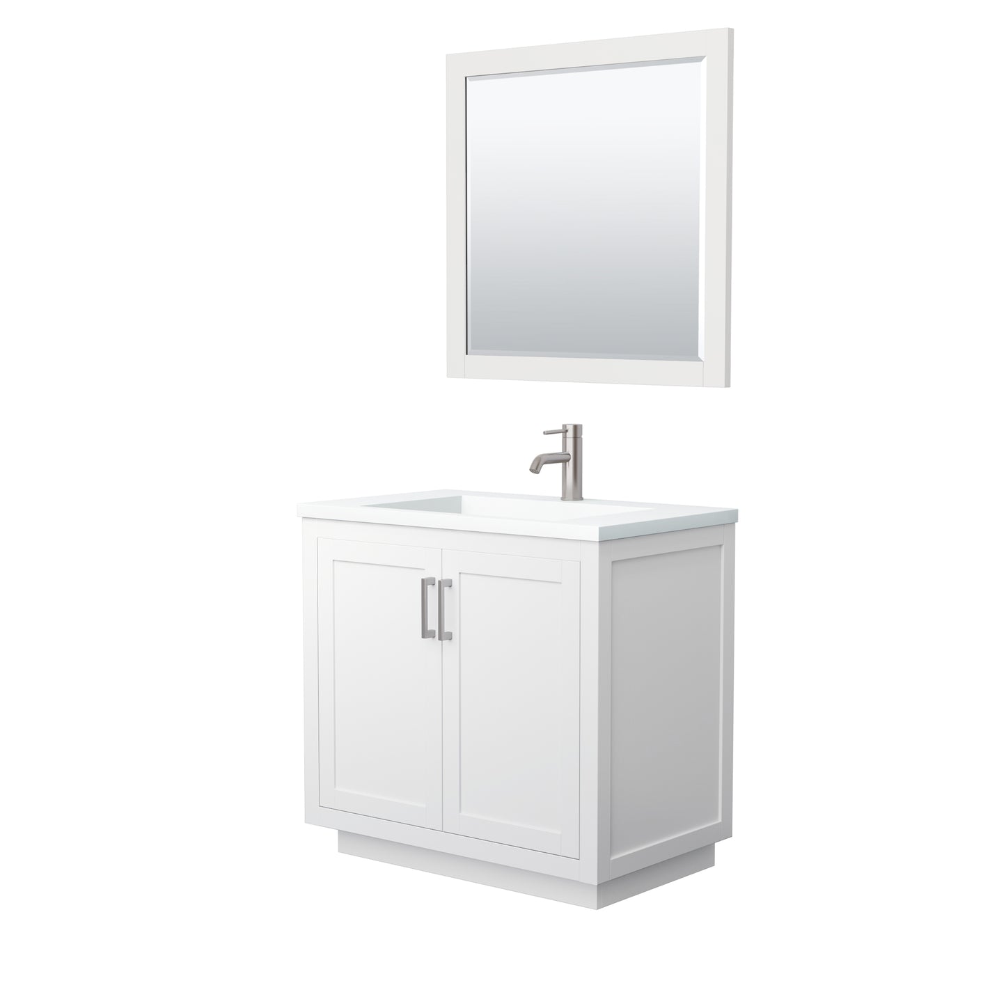 Miranda 36" White Single Vanity, 1.25" White Top, Nickel Trim, 34" Mirror