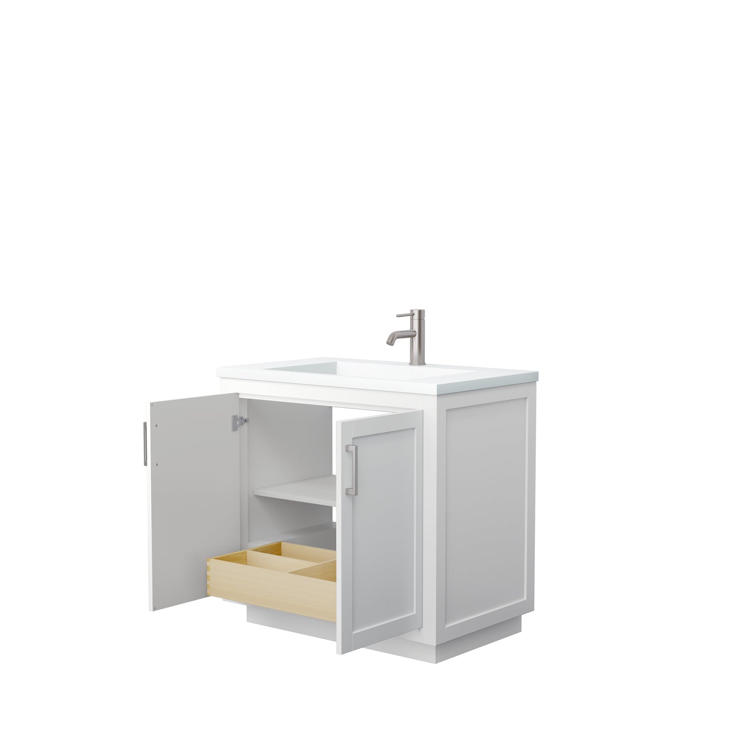Miranda 36" White Single Vanity, 1.25" White Top, Integrated Brushed Nickel Trim