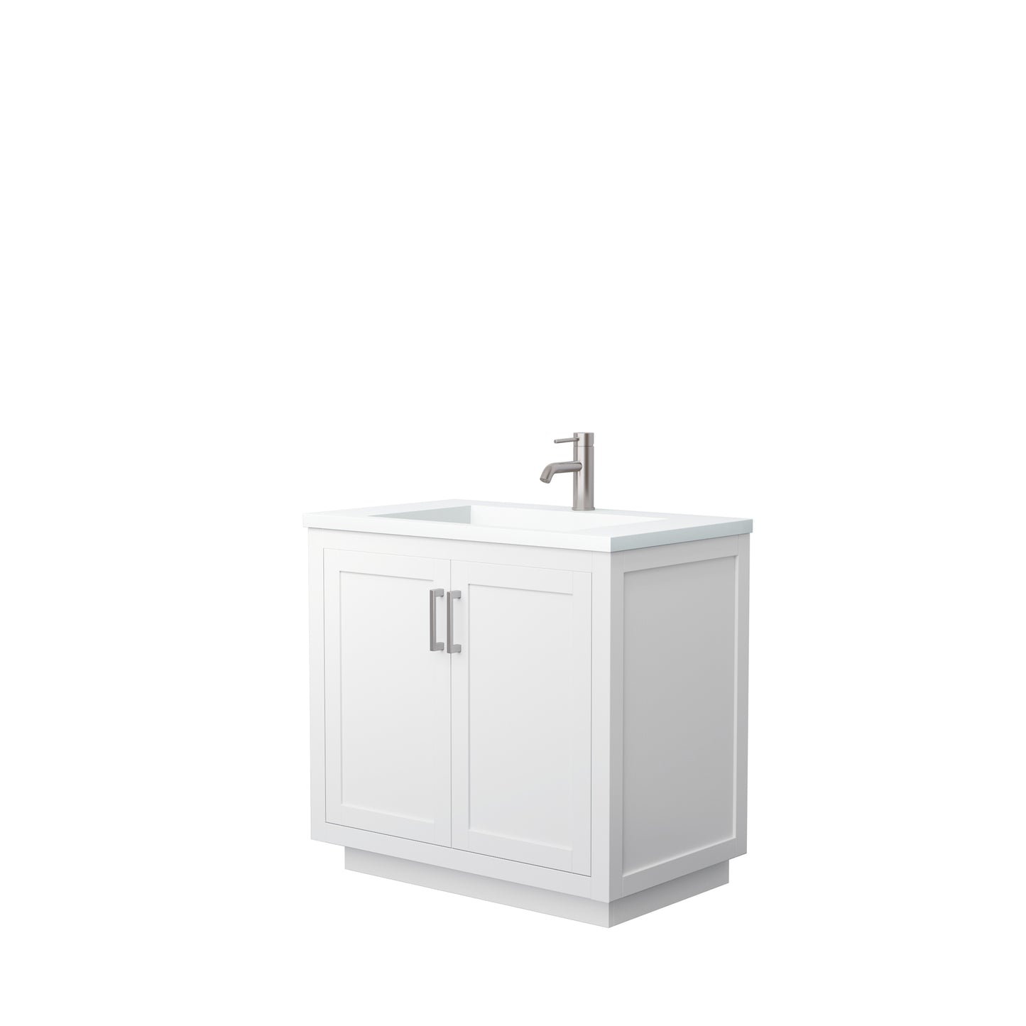 Miranda 36" White Single Vanity, 1.25" White Top, Integrated Brushed Nickel Trim