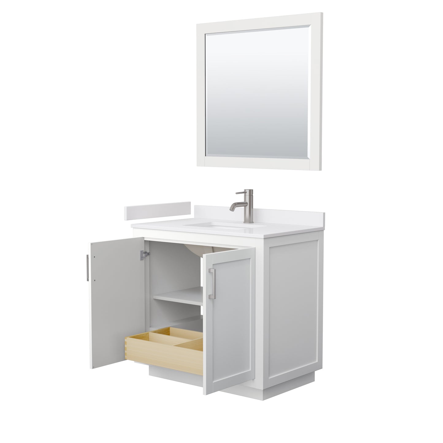 Miranda 36" Single Vanity in White, White Marble Top, Nickel Trim, 34" Mirror