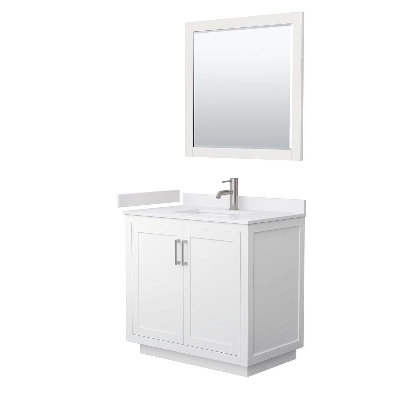 Miranda 36" Single Vanity in White, White Marble Top, Nickel Trim, 34" Mirror