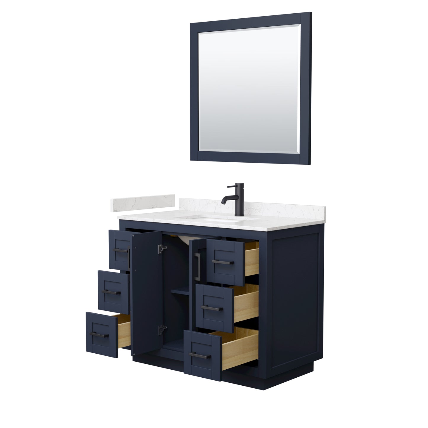 Miranda 42" Dark Blue Single Vanity, Carrara Marble Top, Black Trim, 34" Mirror