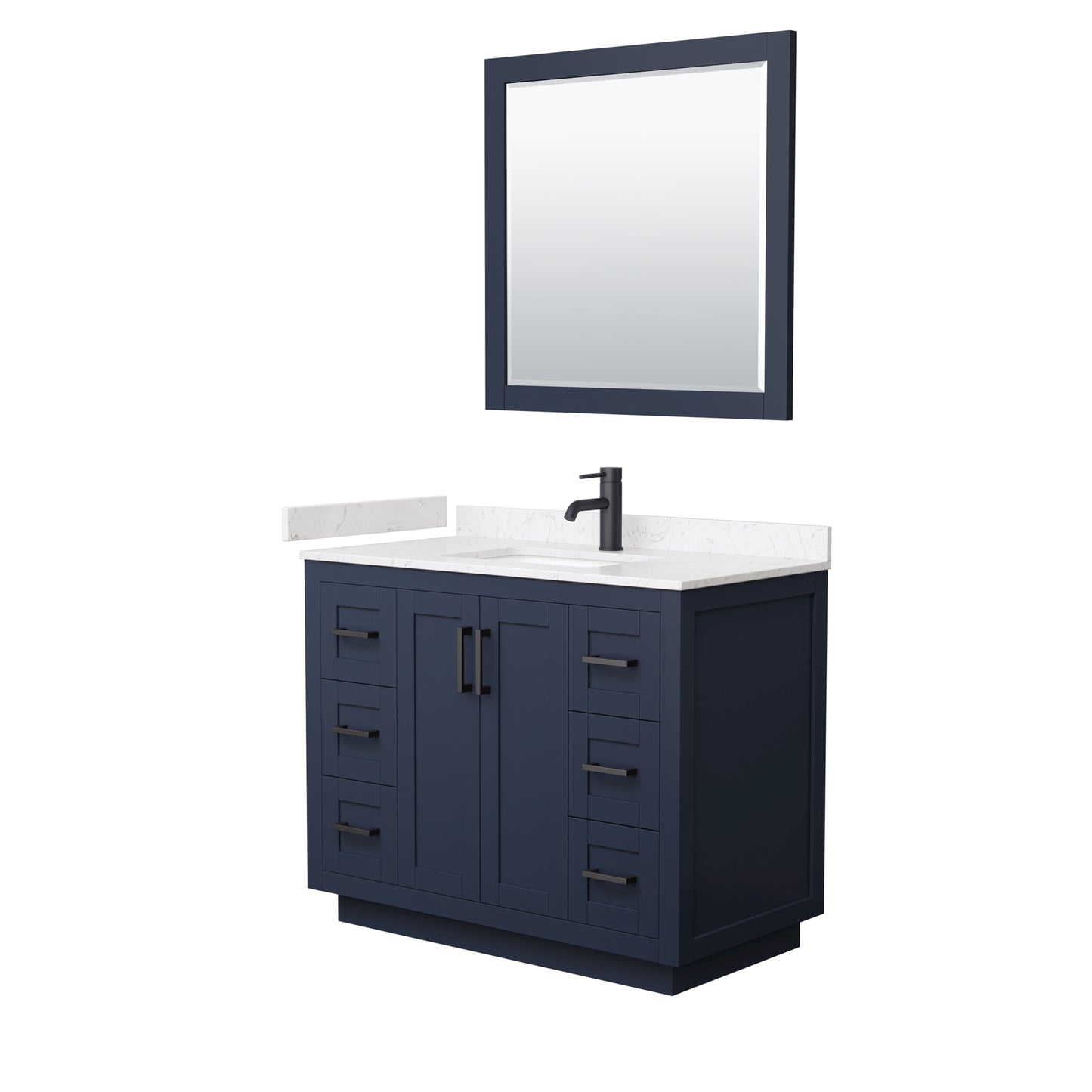 Miranda 42" Dark Blue Single Vanity, Carrara Marble Top, Black Trim, 34" Mirror
