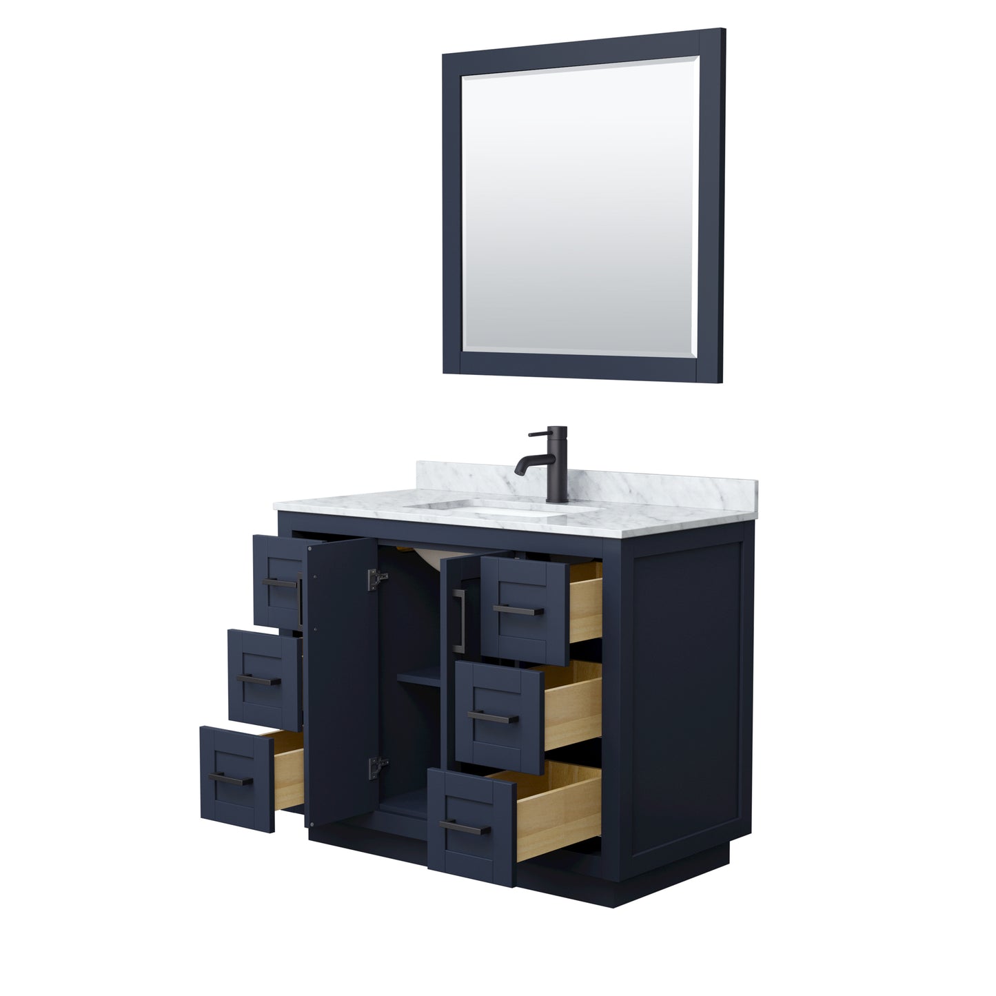 Miranda 42" Single Vanity in Dark Blue, Top, Square Matte Black Trim, 34" Mirror