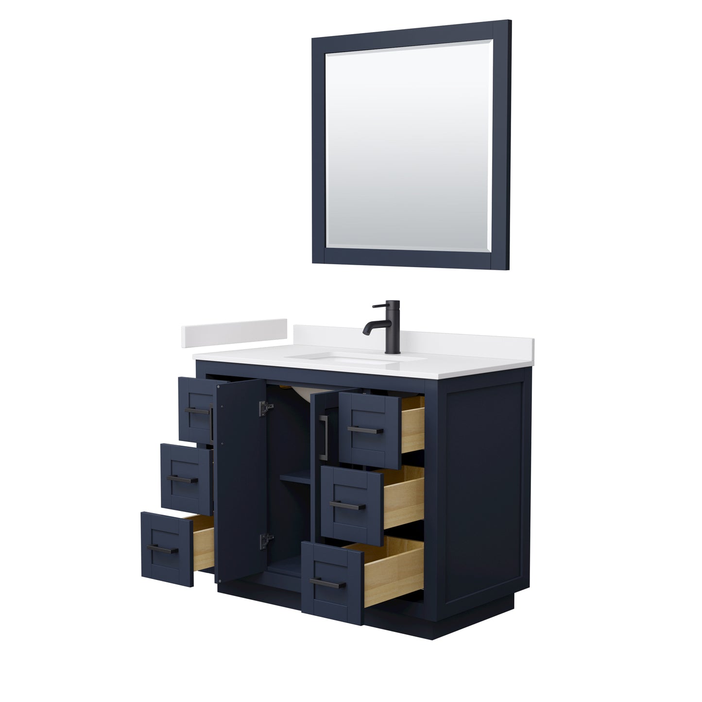 Miranda 42" Single Vanity in Dark Blue, White Marble Top, Black Trim, 34" Mirror