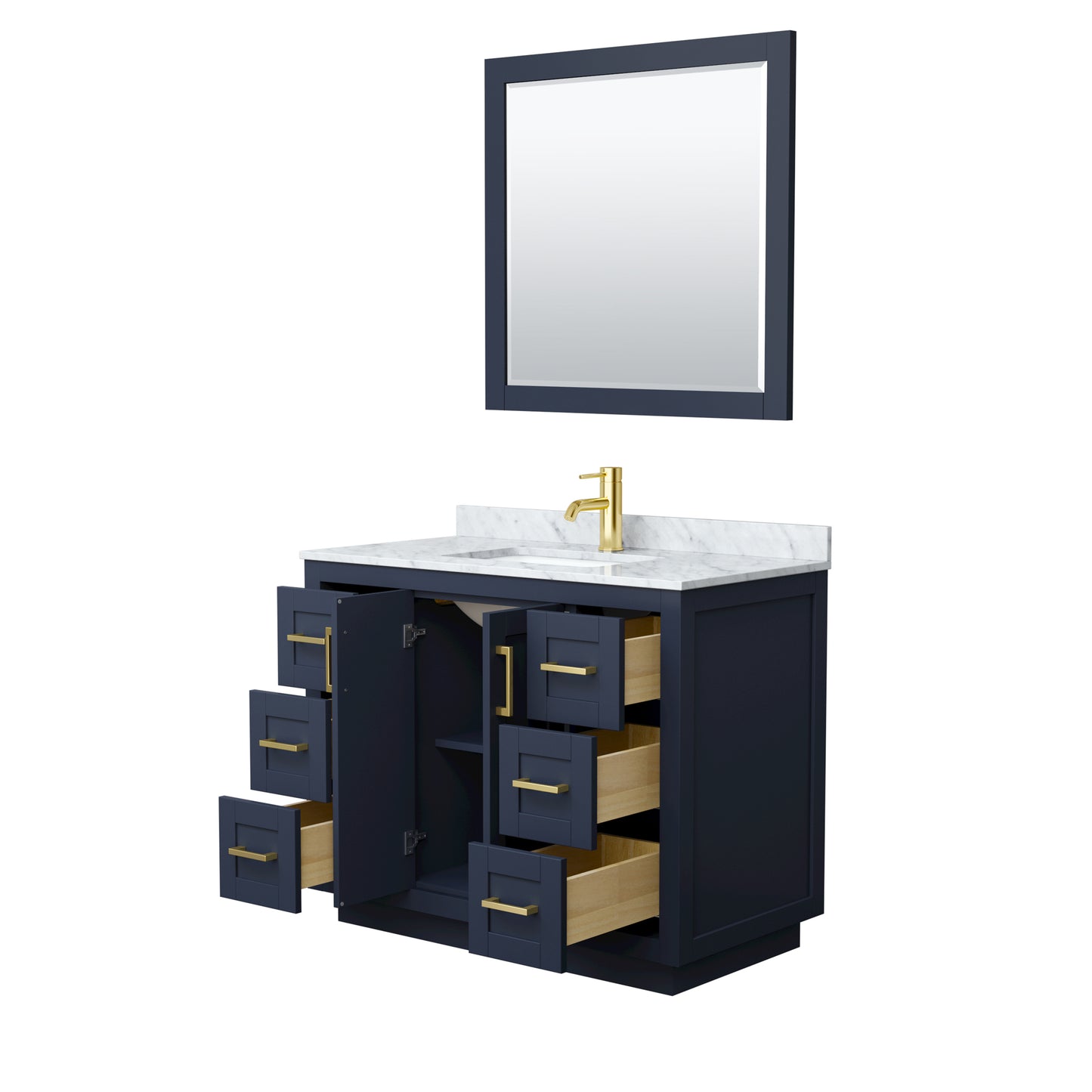 Miranda 42" Single Vanity in Dark Blue, Top, Gold Trim, 34" Mirror