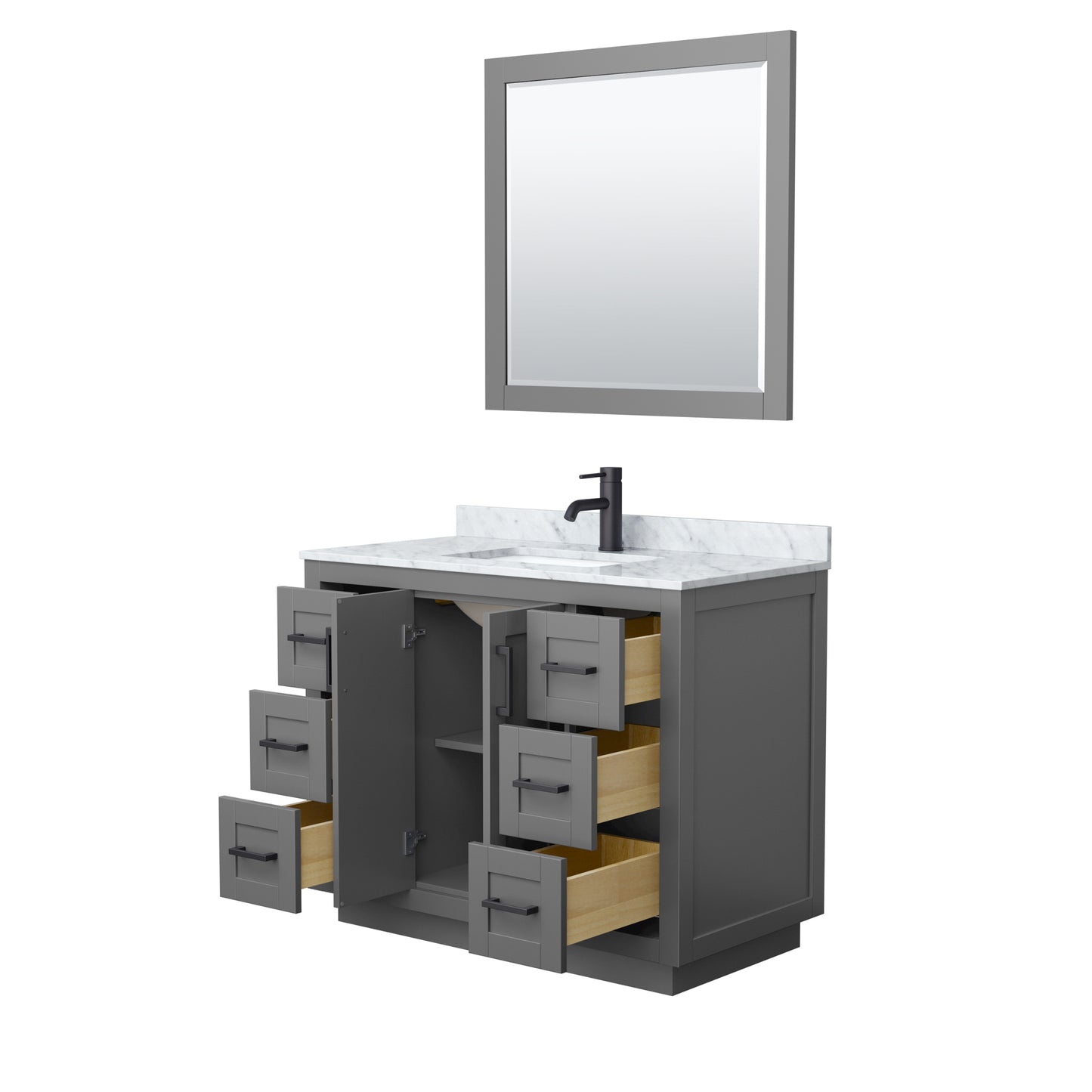 Miranda 42" Single Vanity in Dark Gray, Top, Square Matte Black Trim, 34" Mirror