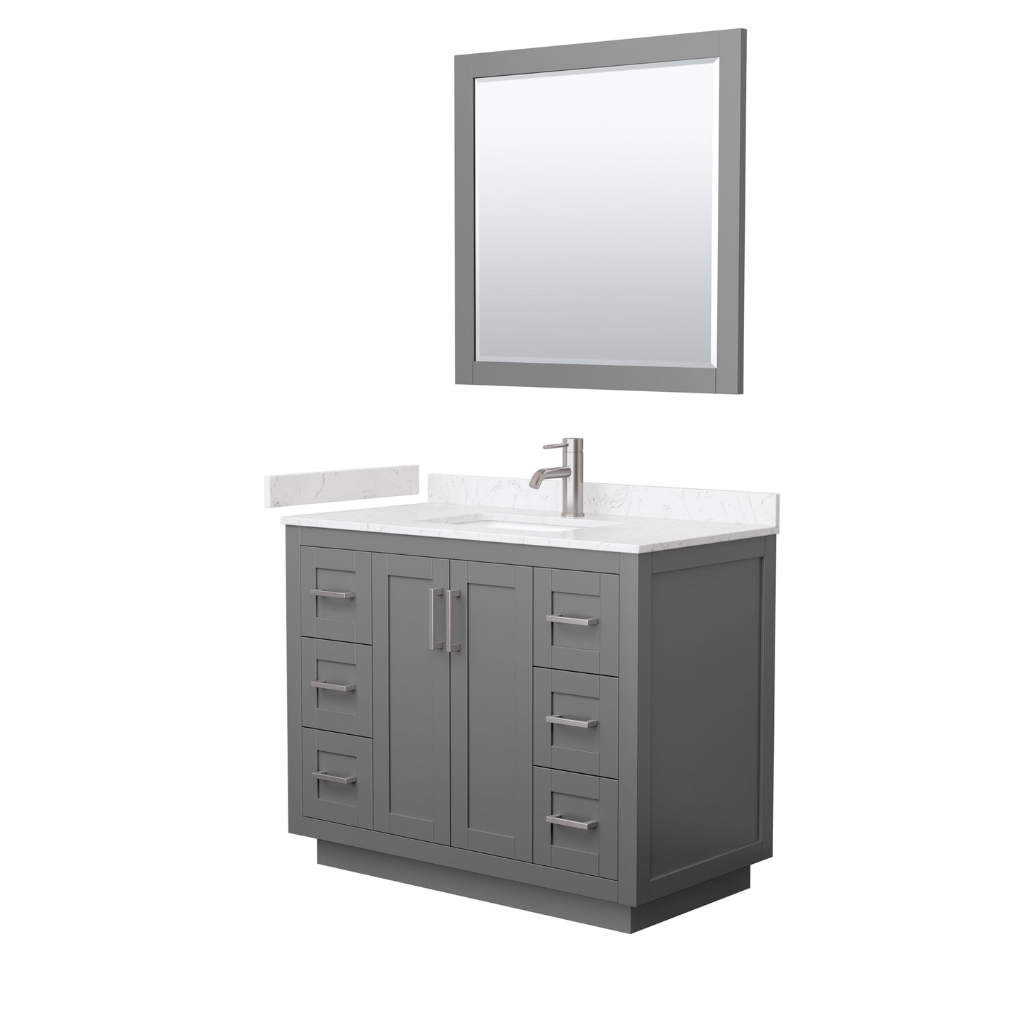 Miranda 42" Dark Gray Single Vanity, Carrara Marble Top, Nickel Trim, 34" Mirror