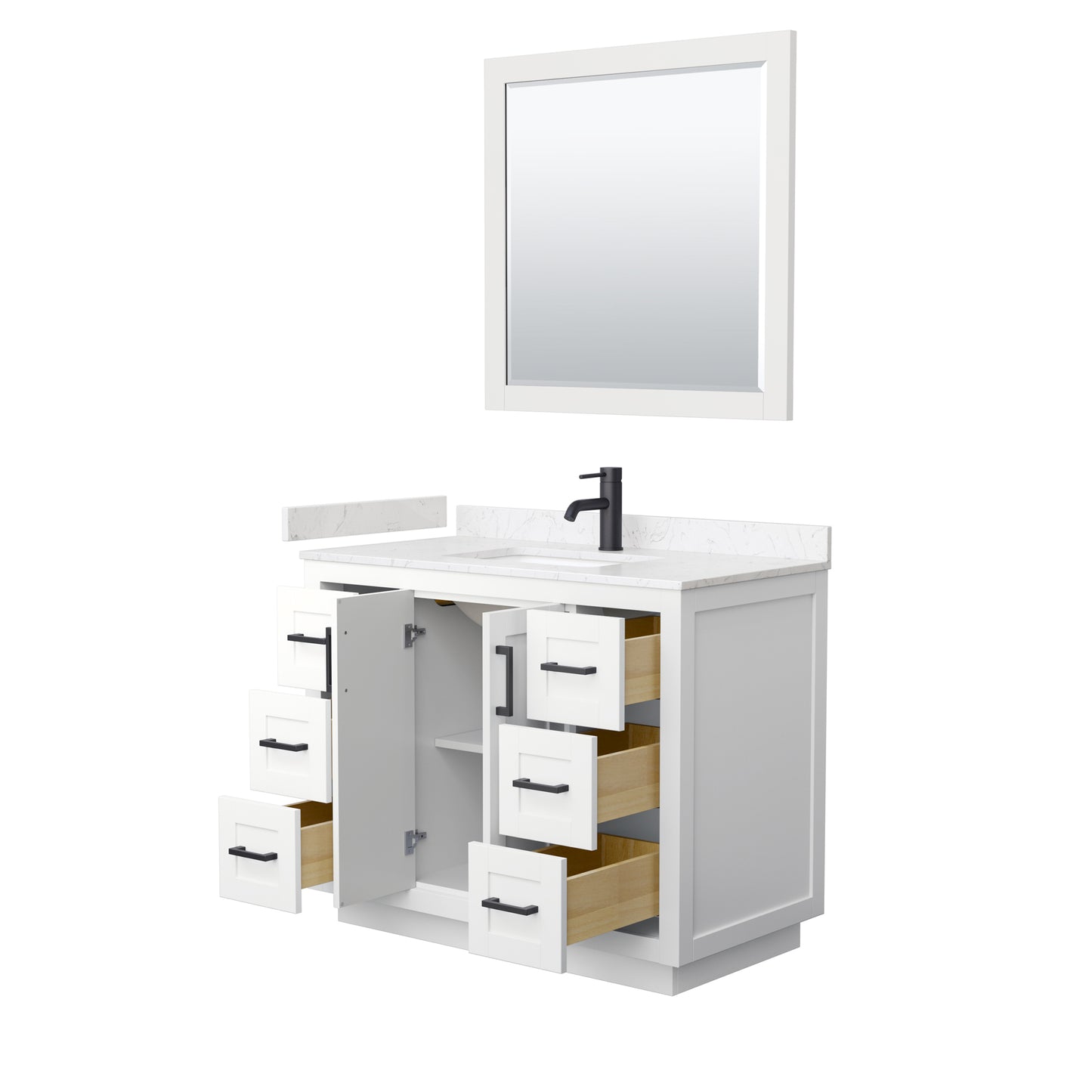 Miranda 42" Single Vanity in White, Carrara Marble Top, Black Trim, 34" Mirror