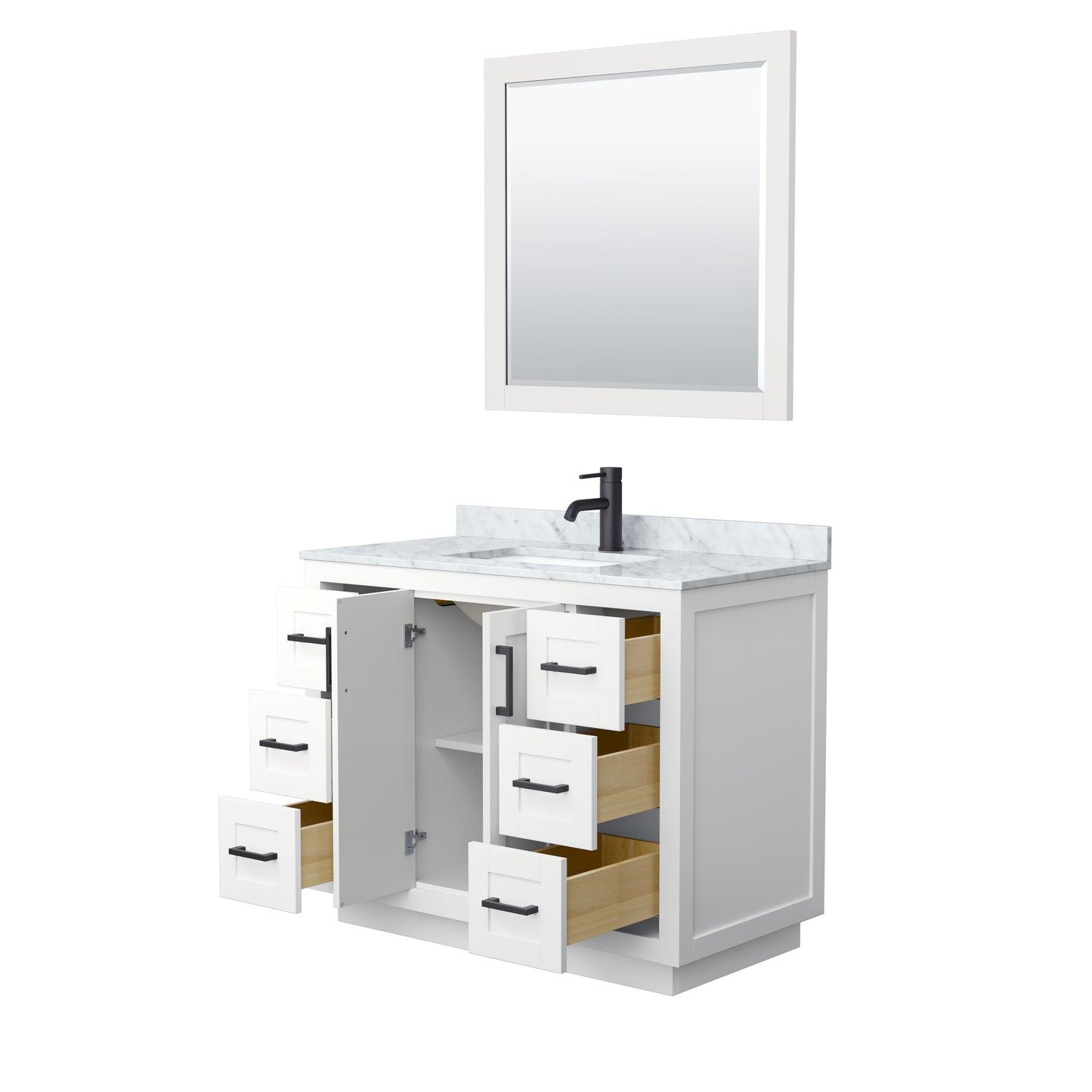 Miranda 42" Single Vanity in White, Top, Square Matte Black Trim, 34" Mirror