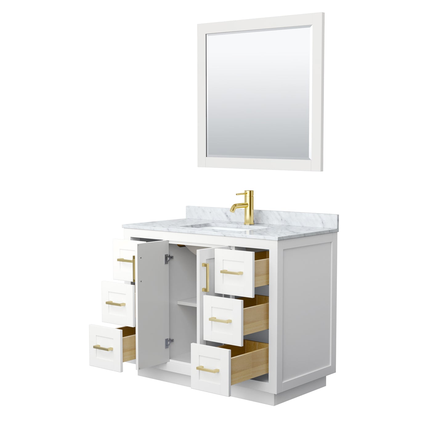 Miranda 42" Single Vanity in White, Top, Square Brushed Gold Trim, 34" Mirror