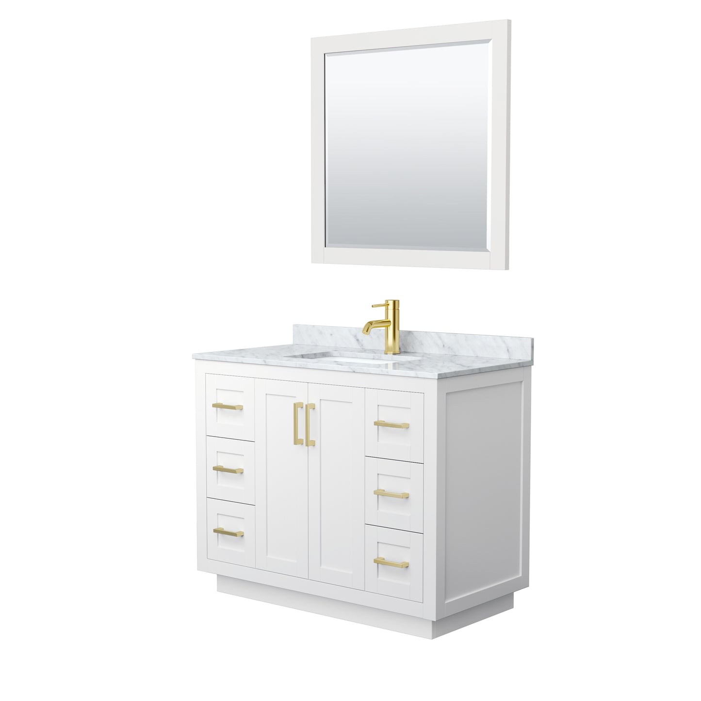 Miranda 42" Single Vanity in White, Top, Square Brushed Gold Trim, 34" Mirror