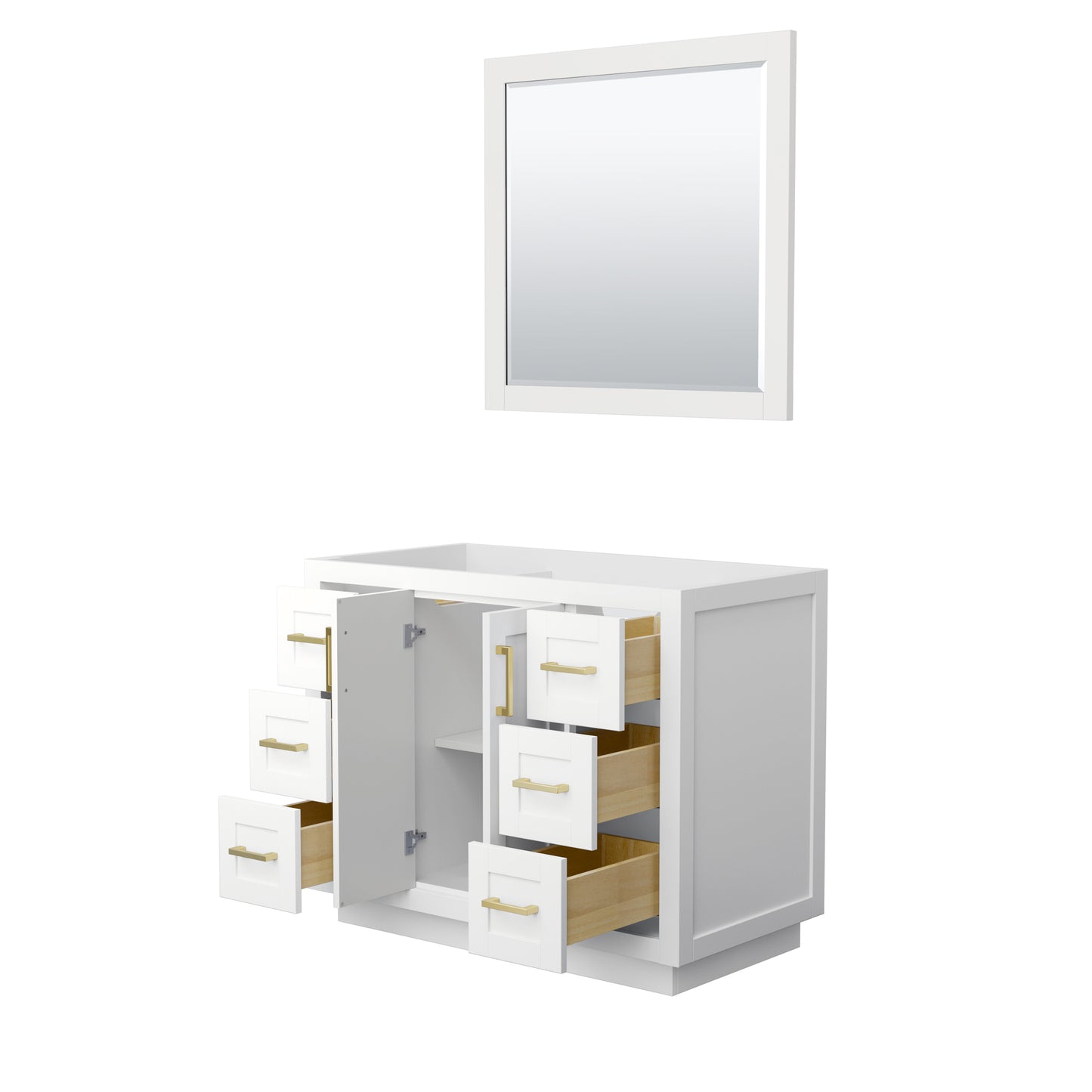 Miranda 42" Single Vanity in White, No Top, Bruished Gold Trim, 34" Mirror