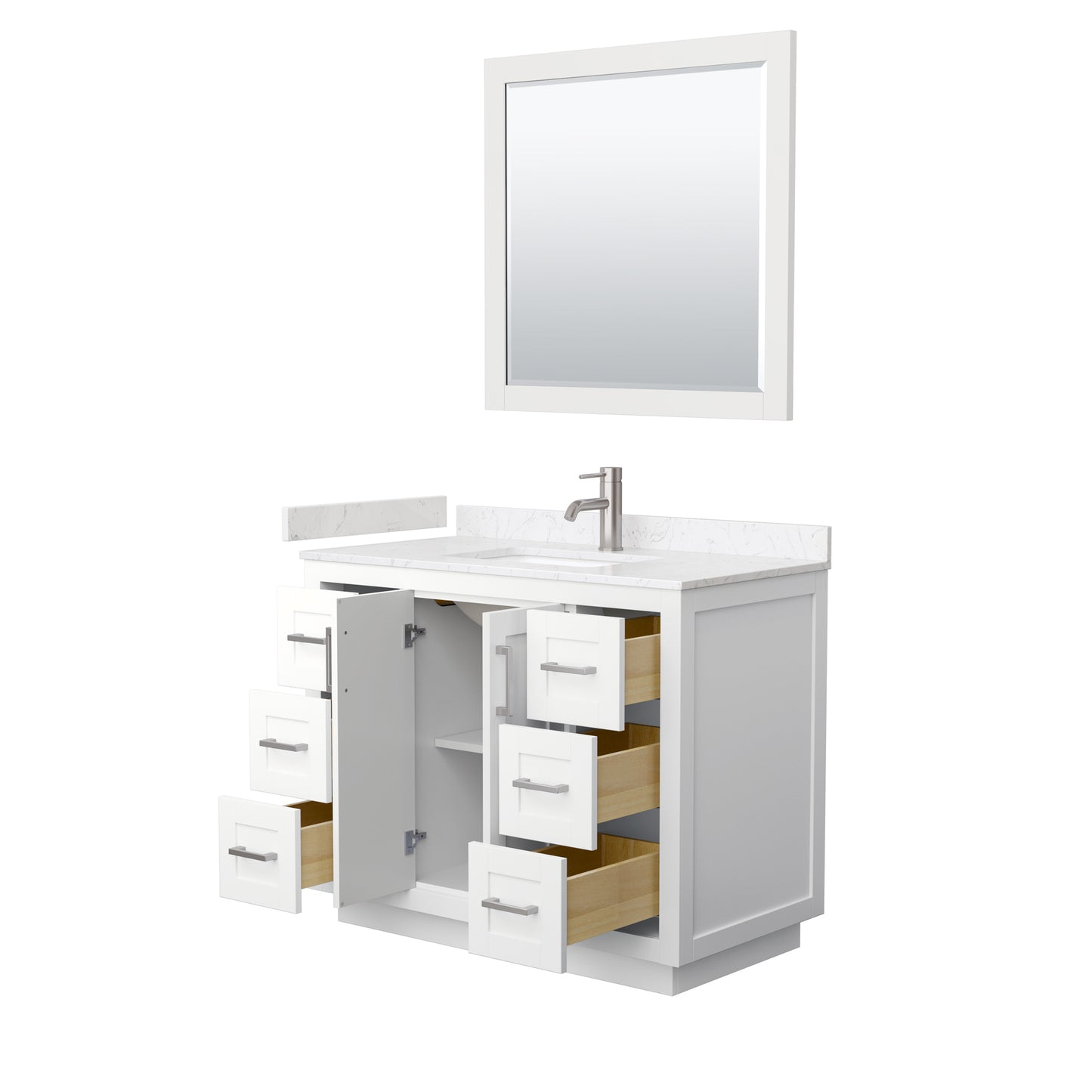 Miranda 42" Single Vanity in White, Carrara Marble Top, Nickel Trim, 34" Mirror