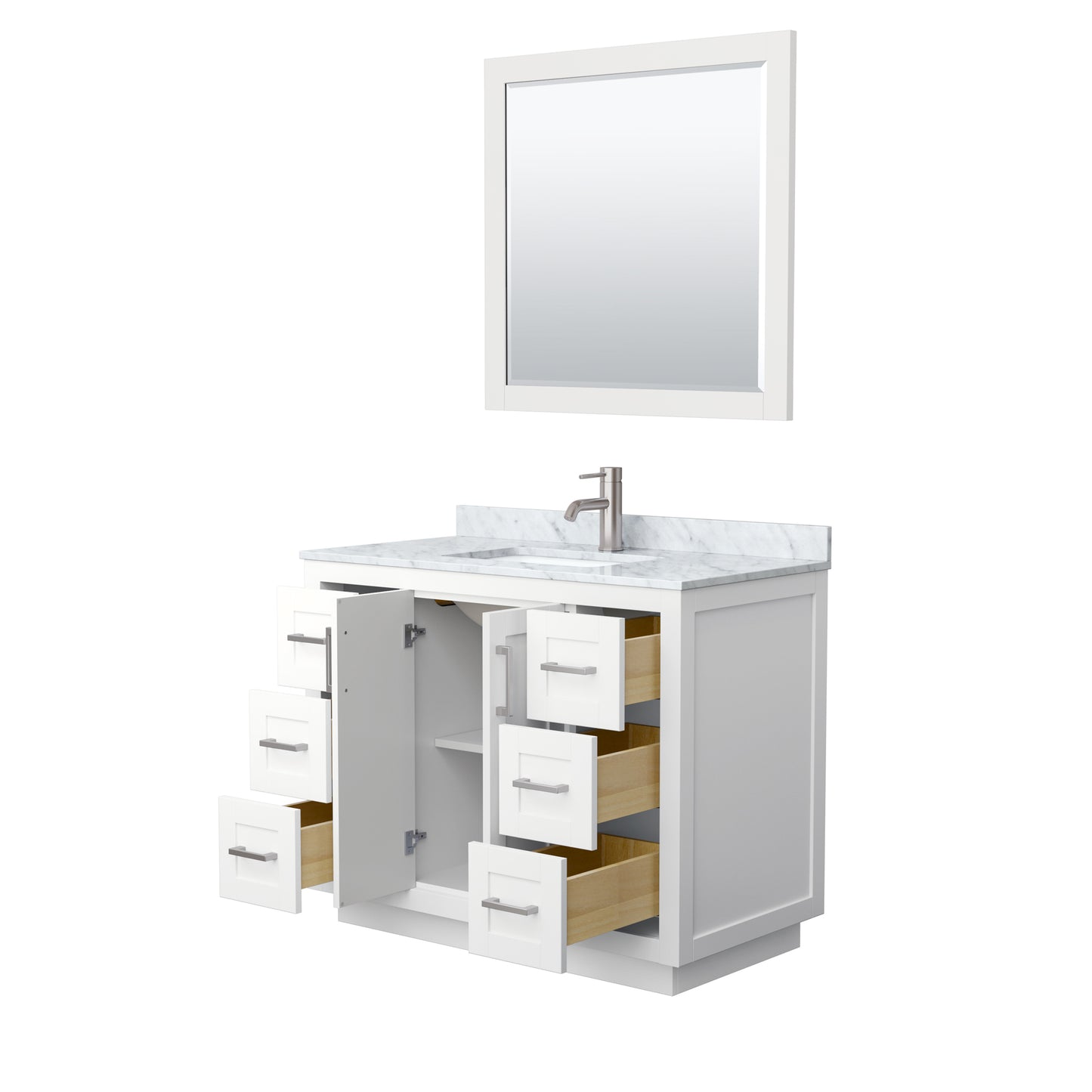 Miranda 42" Single Vanity in White, Top, Square Brushed Nickel Trim, 34" Mirror
