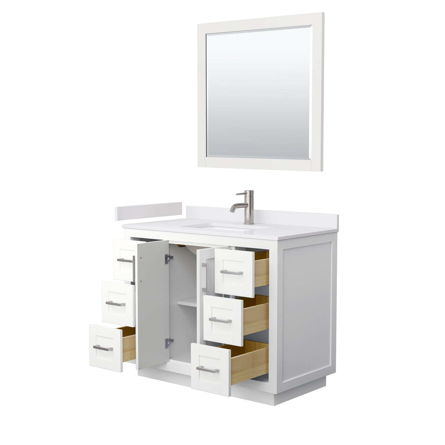 Miranda 42" Single Vanity in White, White Marble Top, Nickel Trim, 34" Mirror