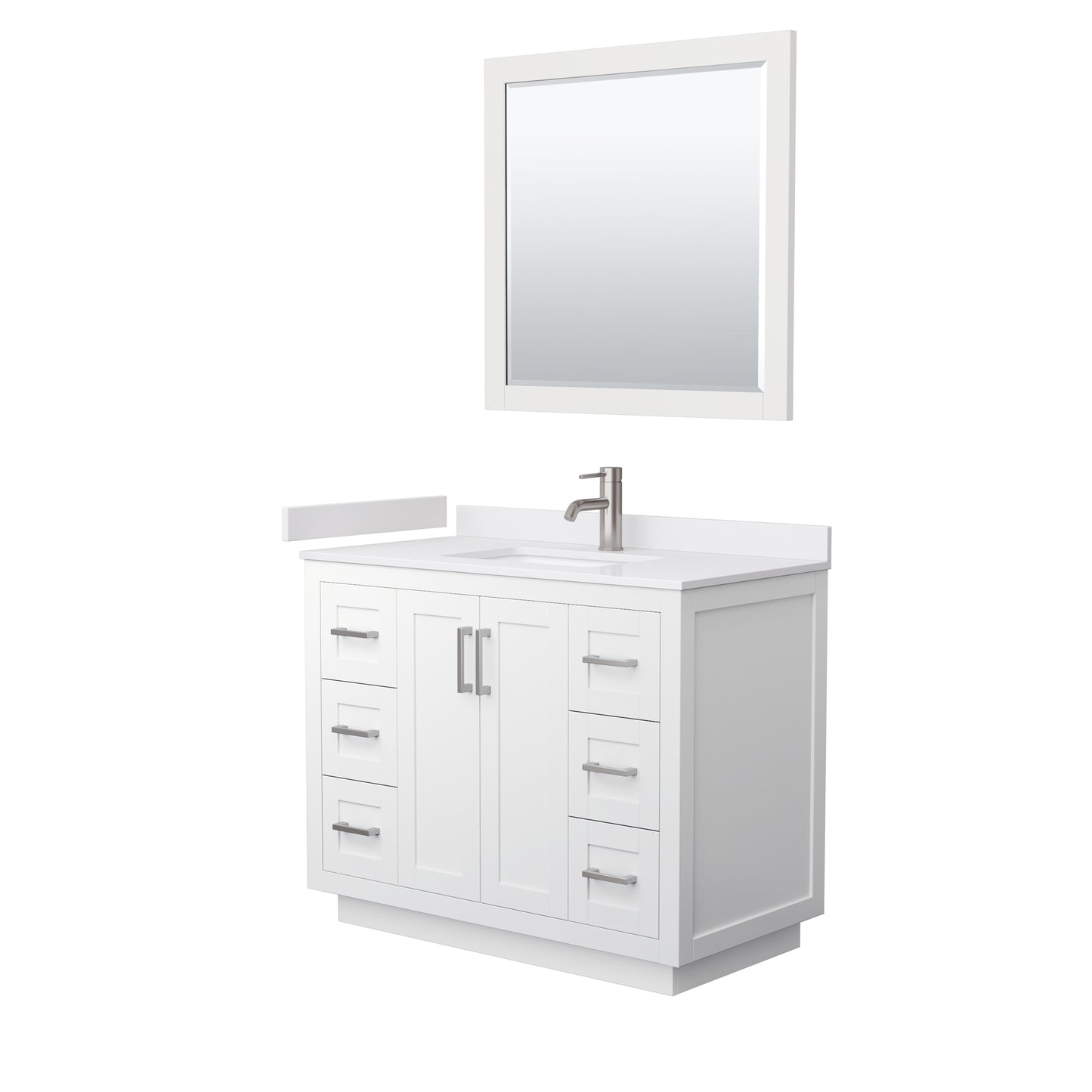 Miranda 42" Single Vanity in White, White Marble Top, Nickel Trim, 34" Mirror