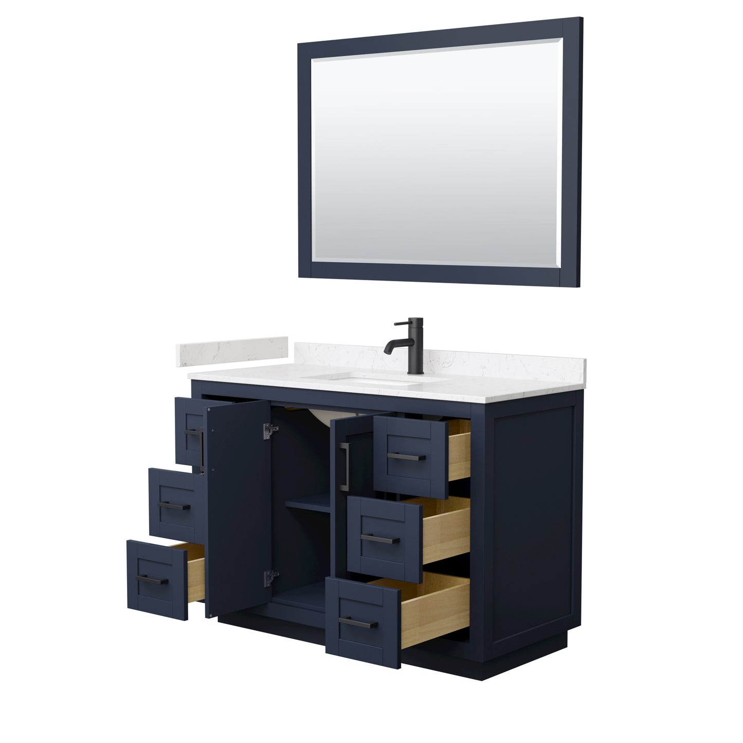 Miranda 48" Dark Blue Single Vanity, Carrara Marble Top, Black Trim, 46" Mirror