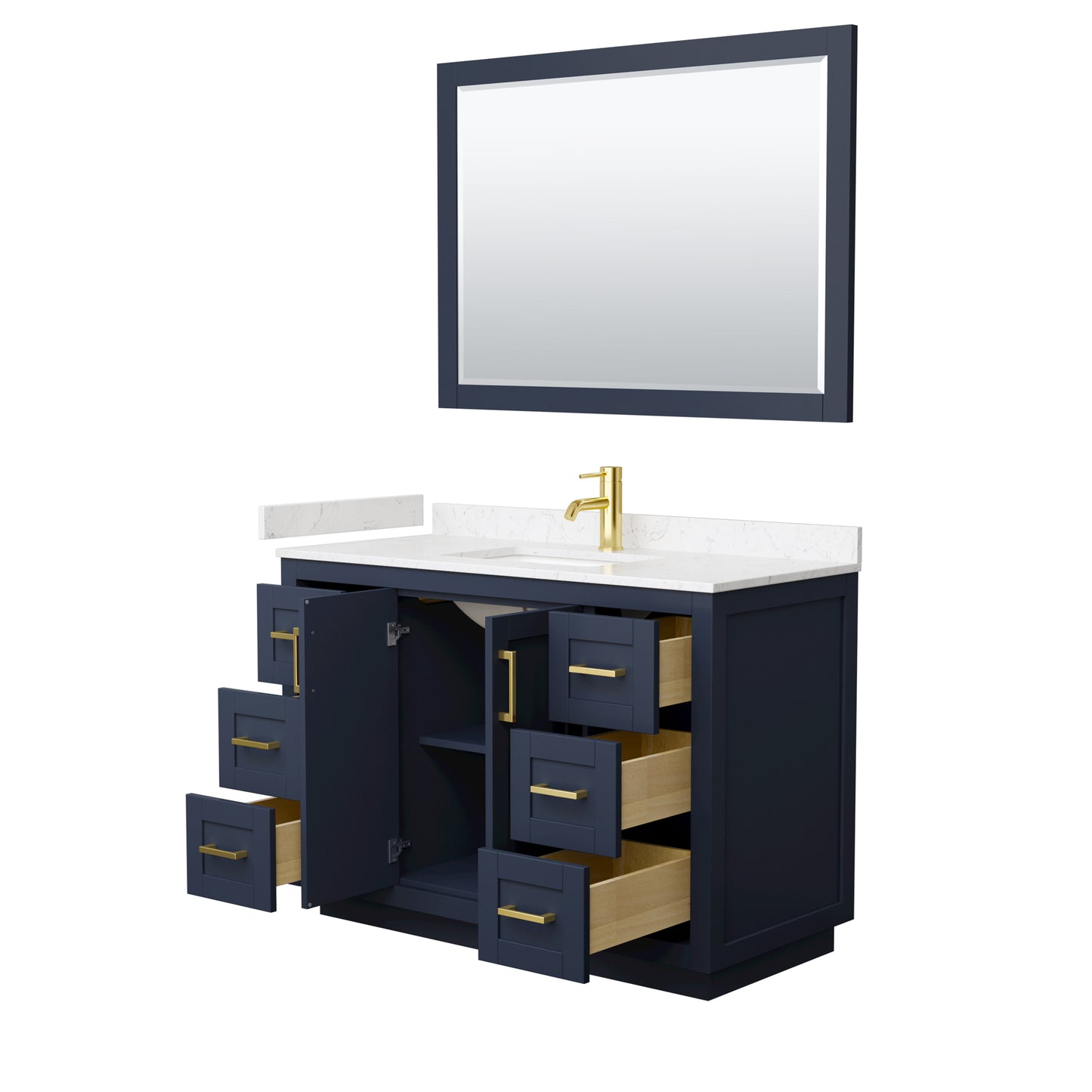 Miranda 48" Dark Blue Single Vanity, Carrara Marble Top, Gold Trim, 46" Mirror