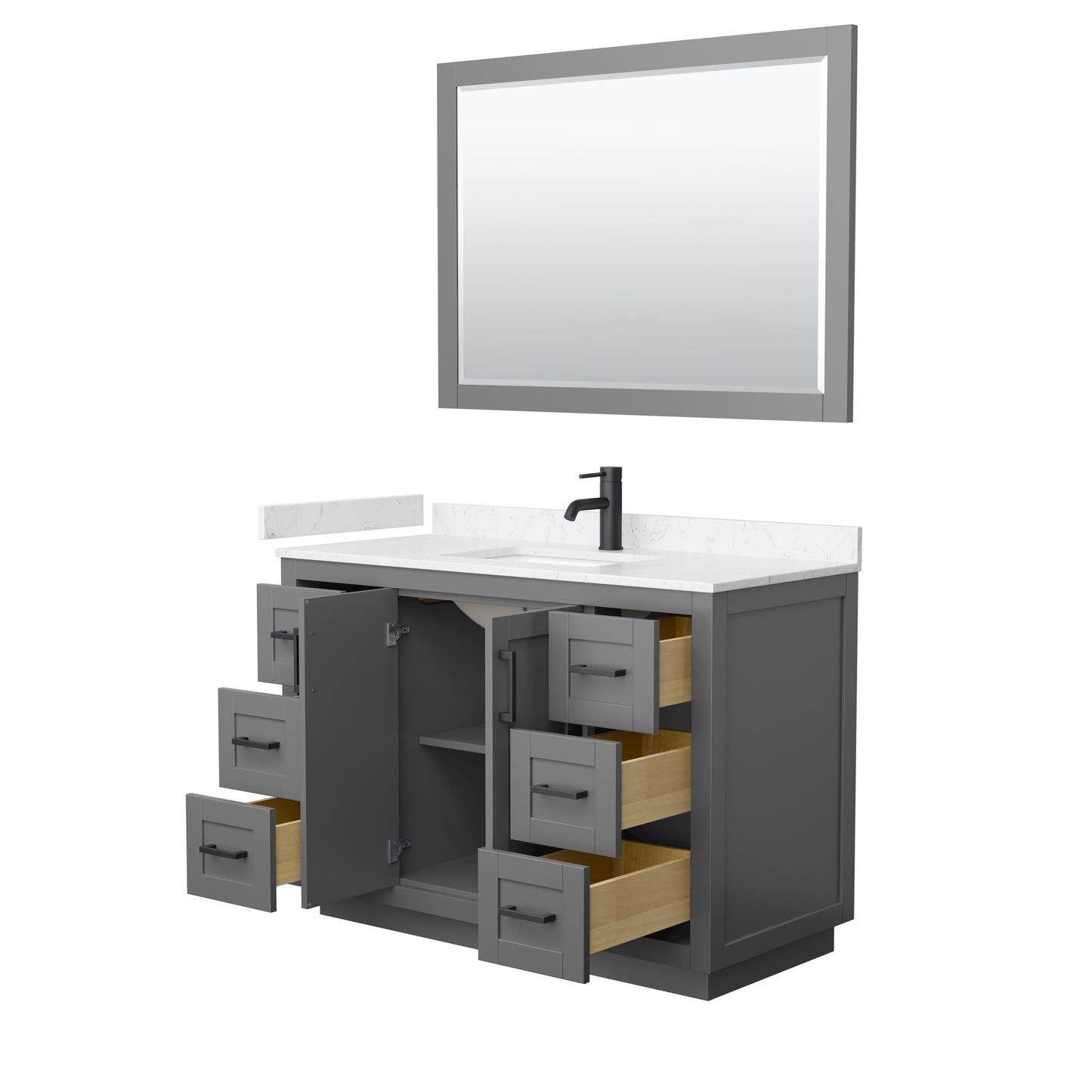 Miranda 48" Dark Gray Single Vanity, Carrara Marble Top, Black Trim, 46" Mirror