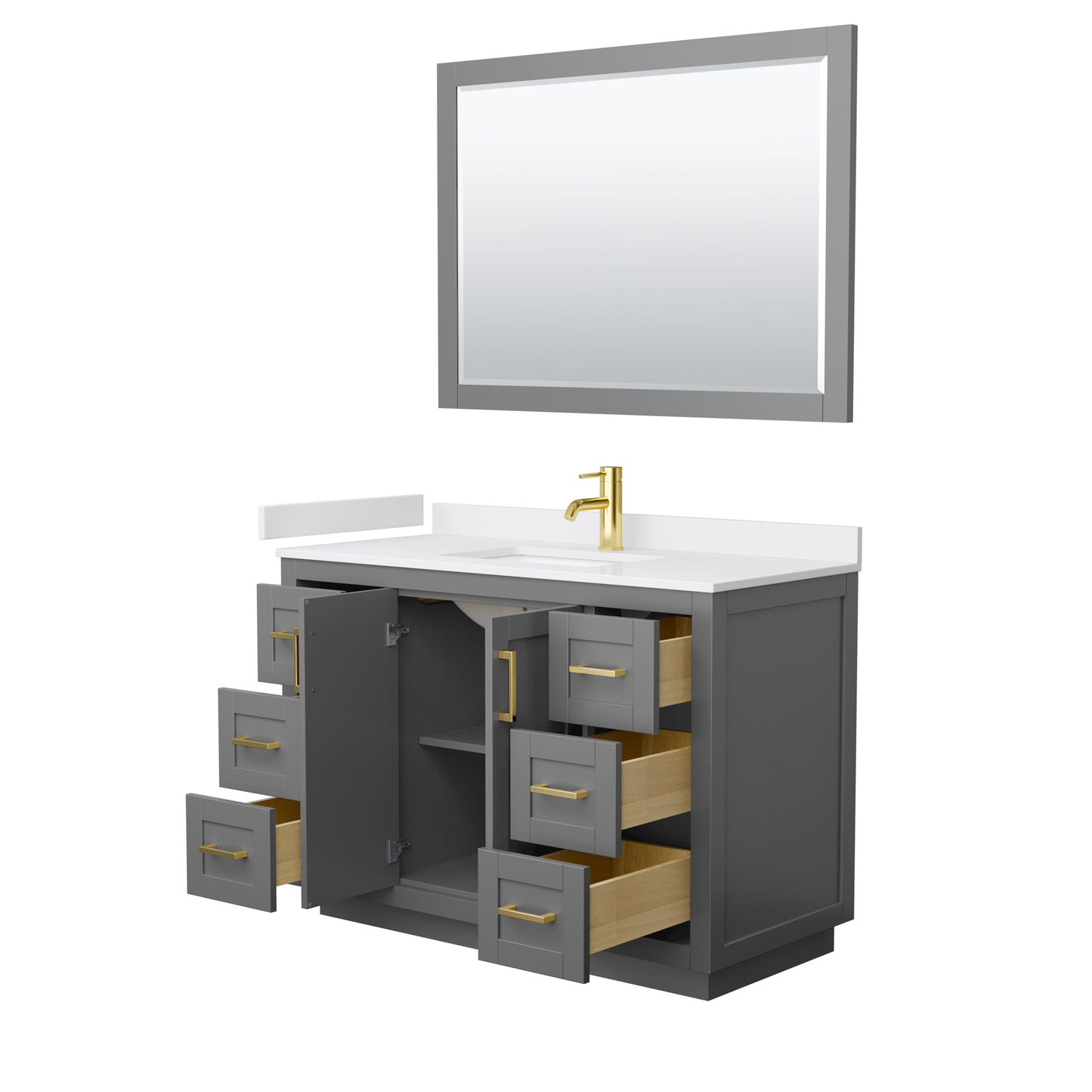 Miranda 48" Single Vanity in Dark Gray, White Marble Top, Gold Trim, 46" Mirror