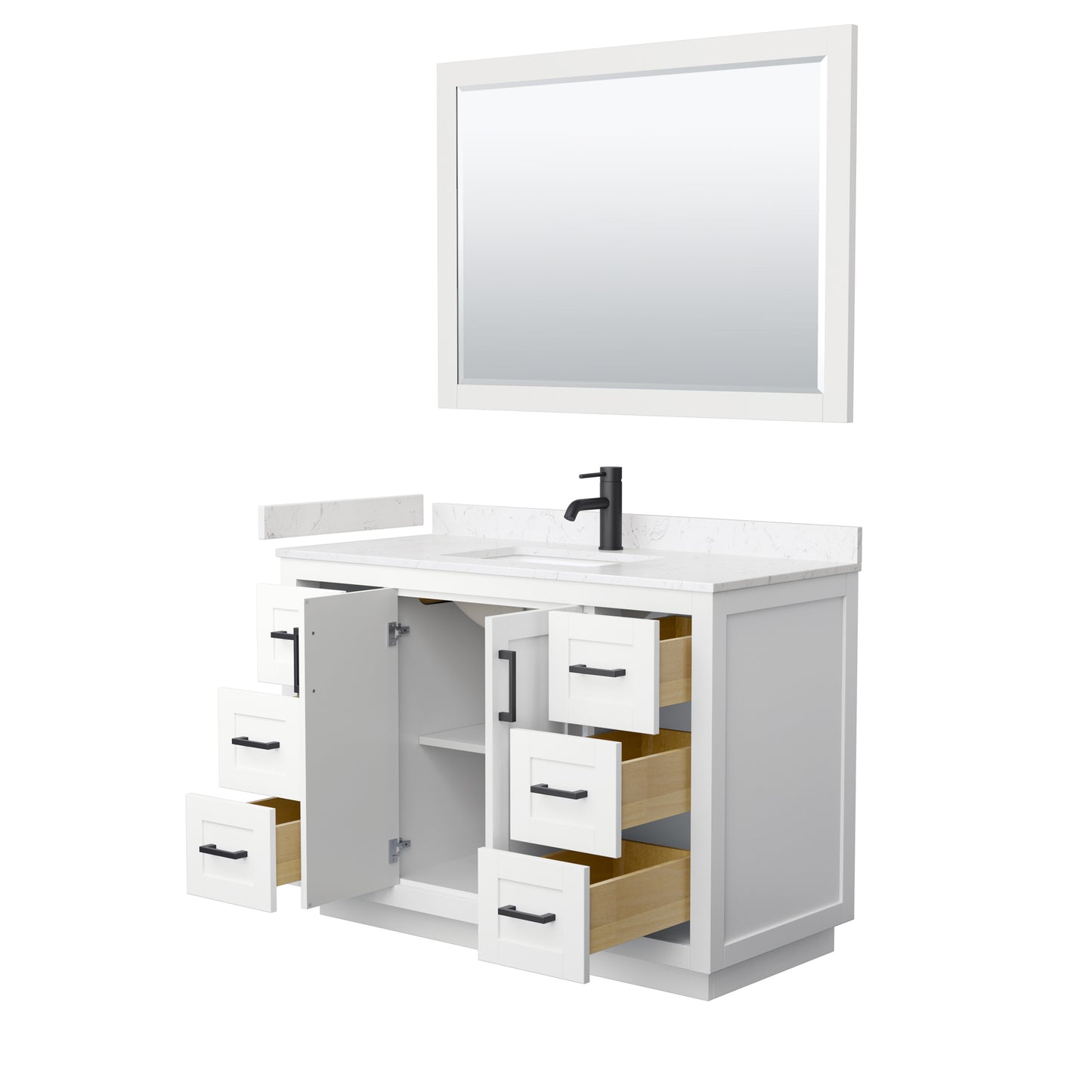 Miranda 48" Single Vanity in White, Carrara Marble Top, Black Trim, 46" Mirror